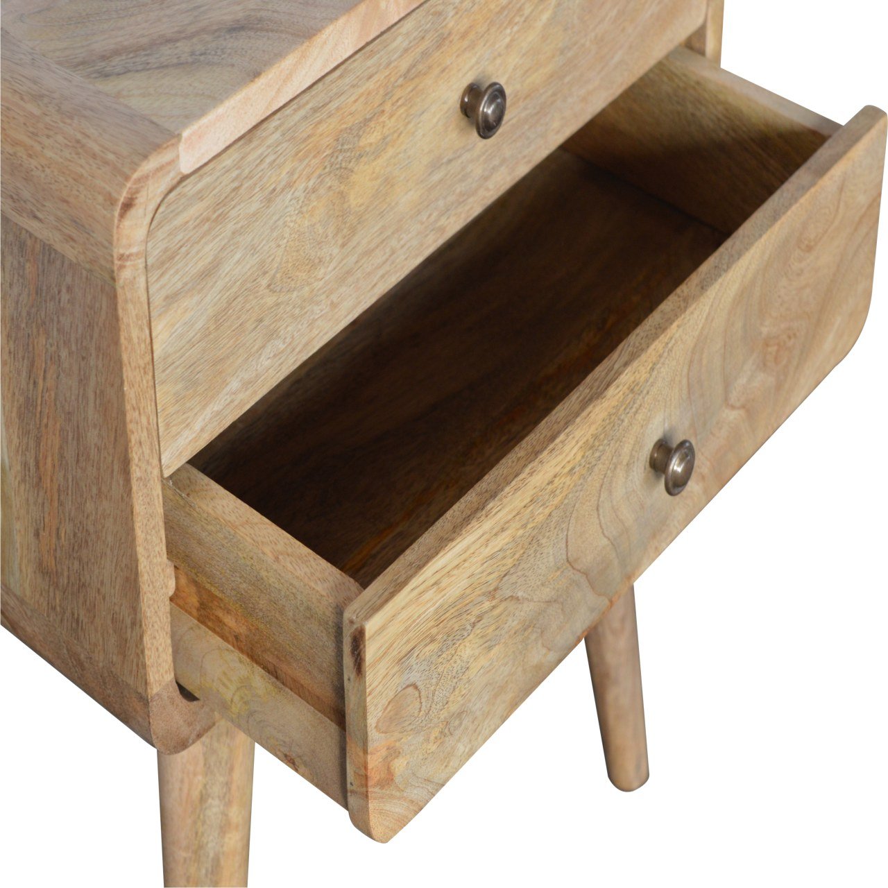 Natural wood bedside table with two open drawers and brushed nickel knobs
