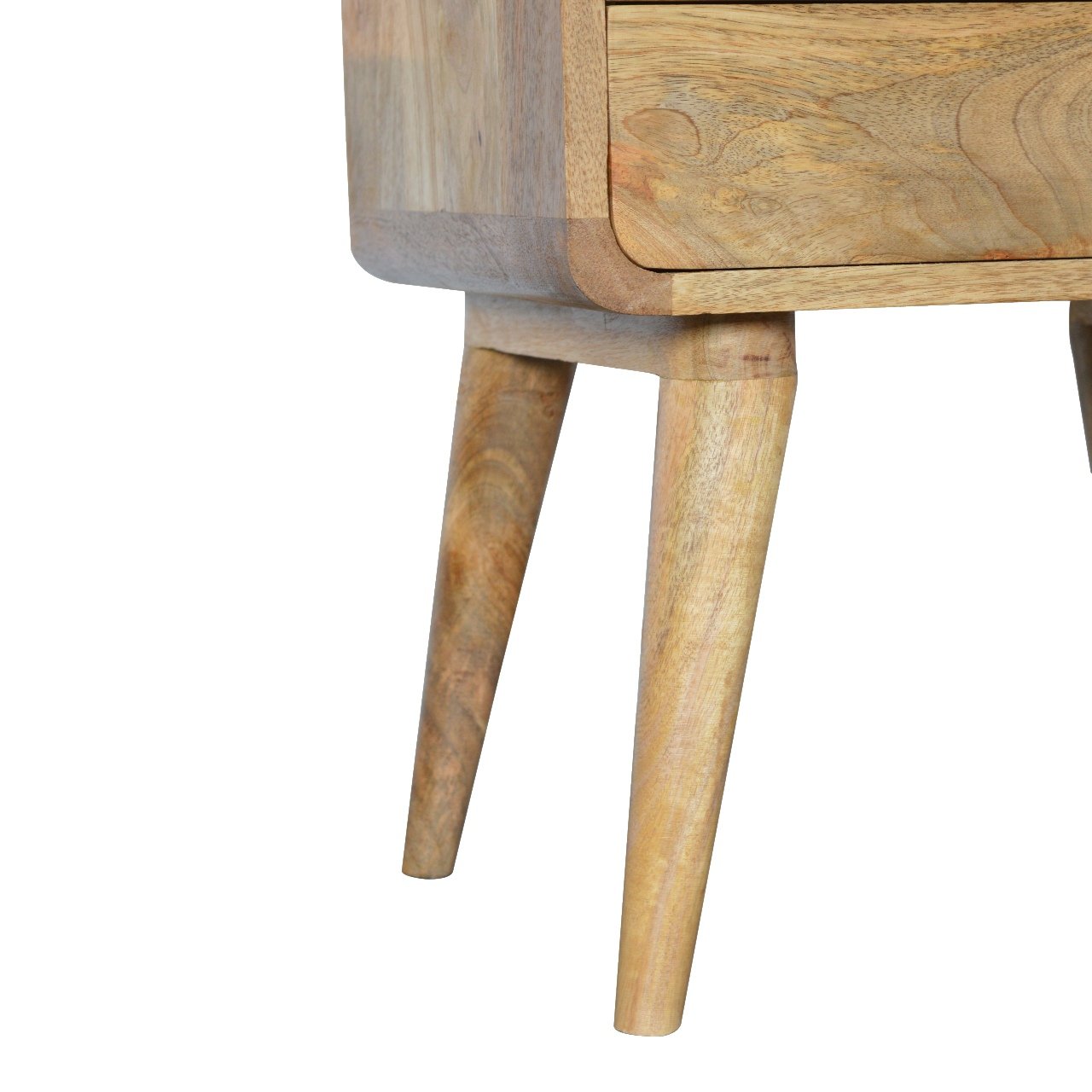 Curved solid wood bedside table with angled legs natural finish