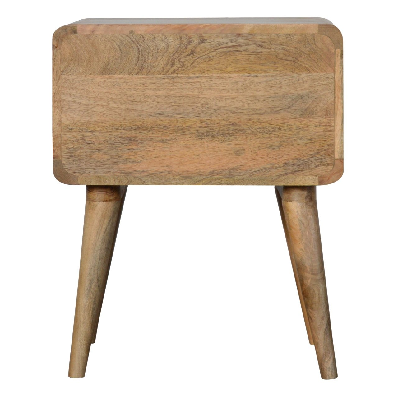 Solid mango wood bedside table with tapered legs and natural finish
