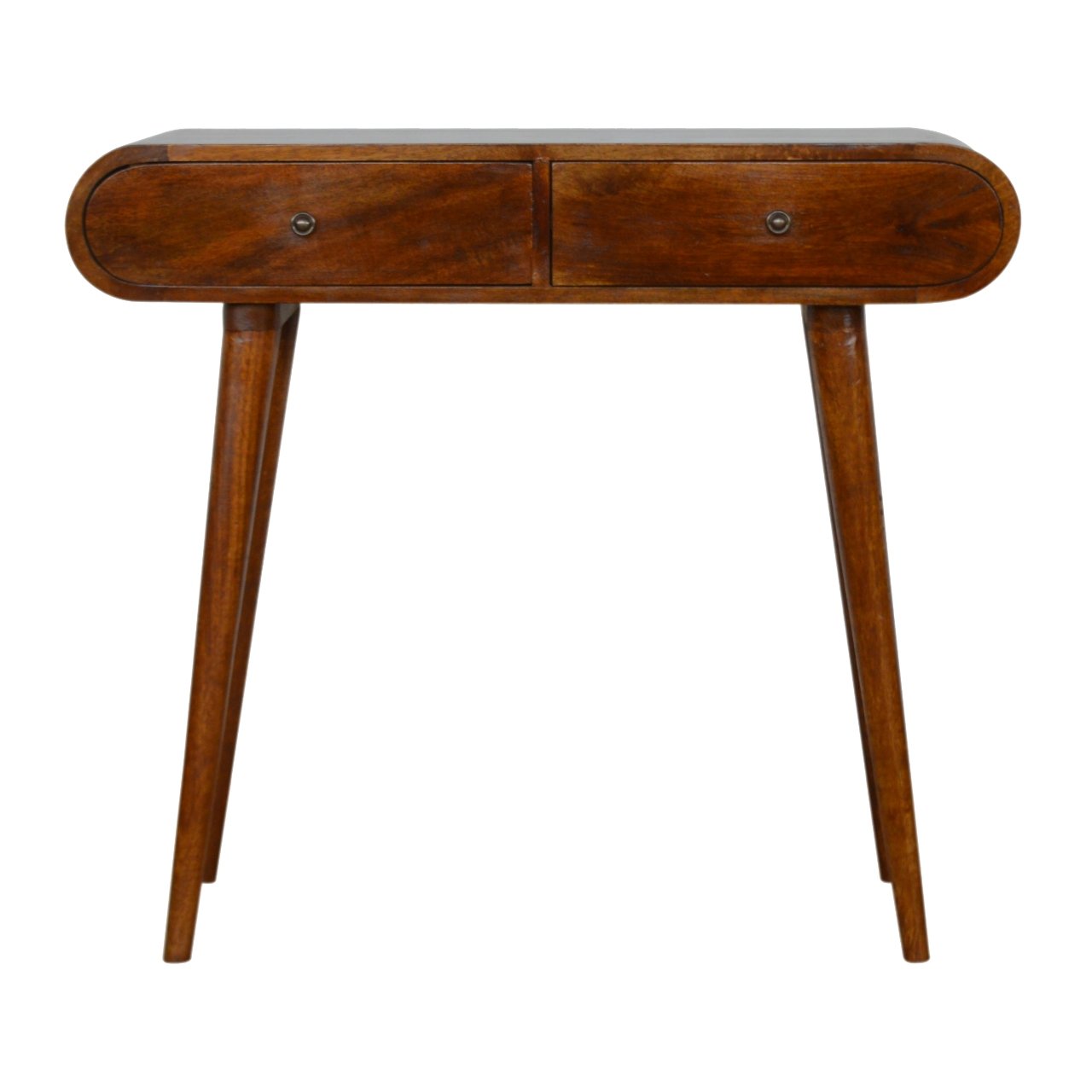 Midcentury modern walnut console table with two drawers and tapered legs