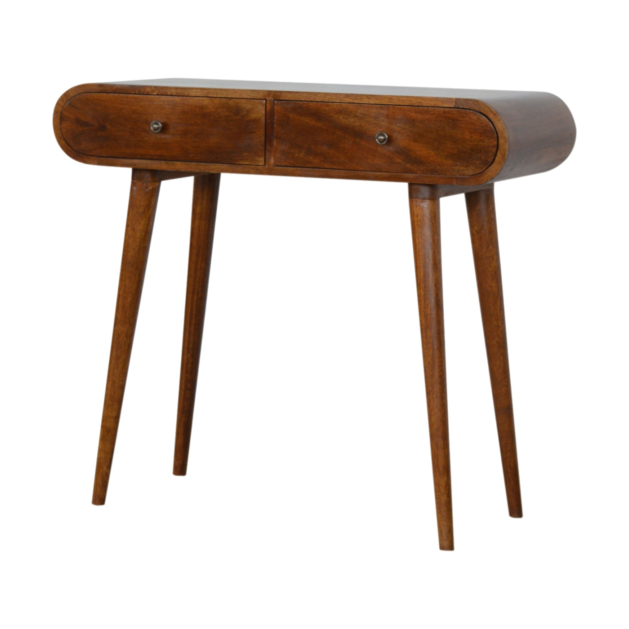 Midcentury modern wooden console table with two drawers and tapered legs