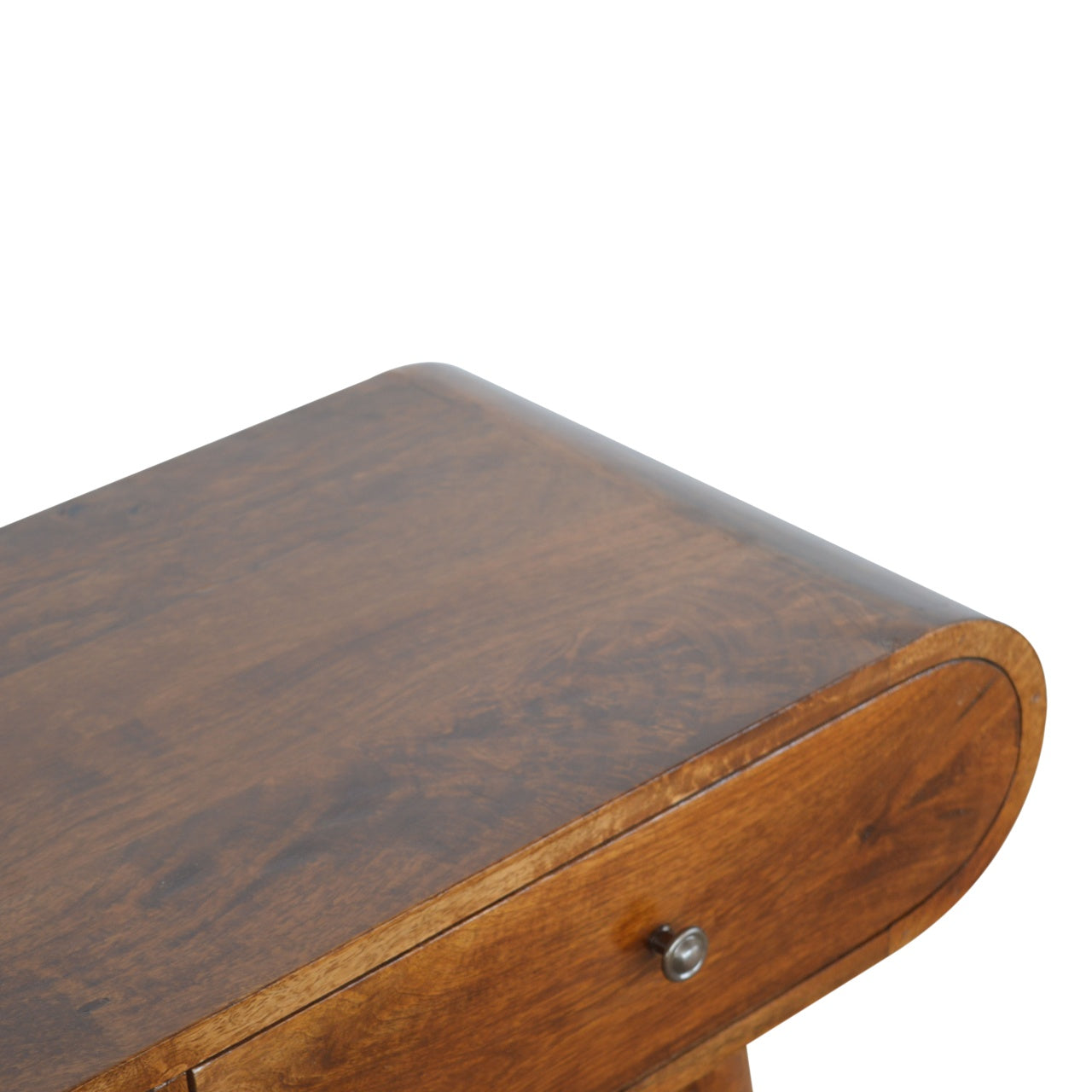 Walnut veneer wood top on a vintage art deco style side table with one drawer