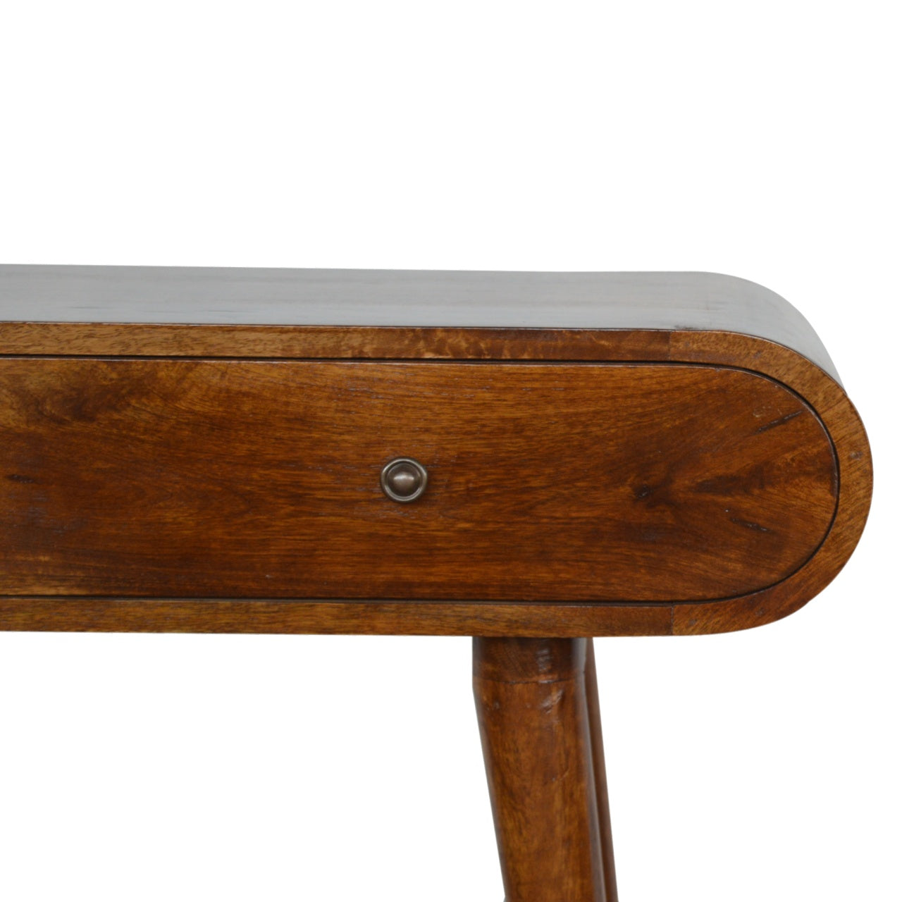 Wooden bedside table with a curved drawer front and tapered legs midcentury modern style