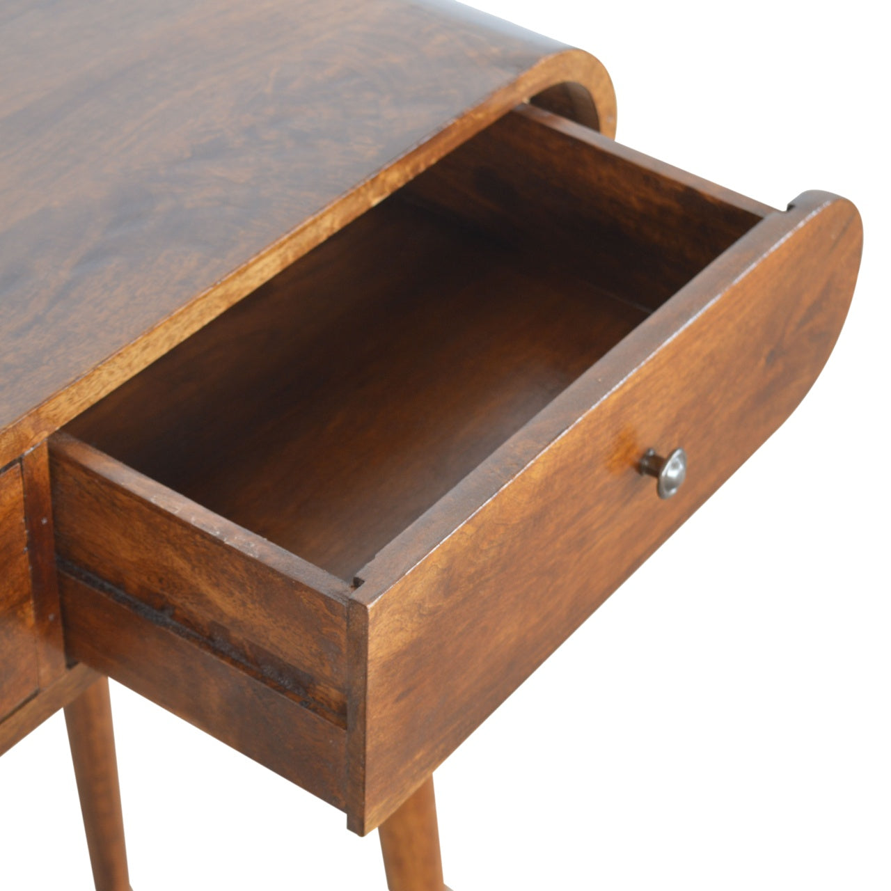 Wooden console table with a single open drawer in a warm brown finish