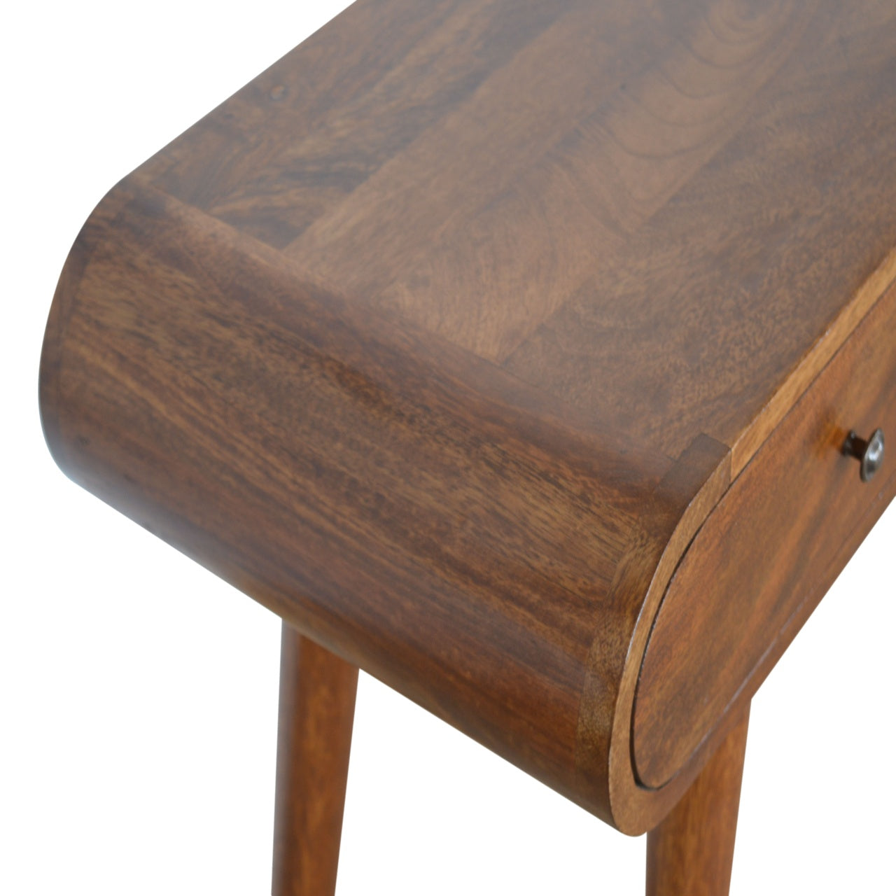 Curved dark wood console table with one drawer and tapered legs
