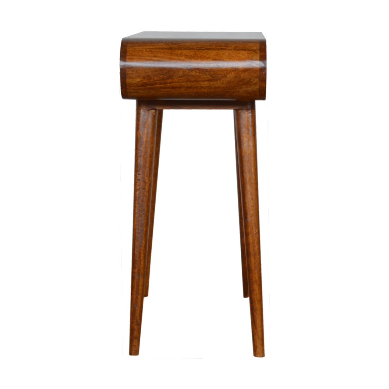 Solid wood side table with tapered legs and curved drawer front