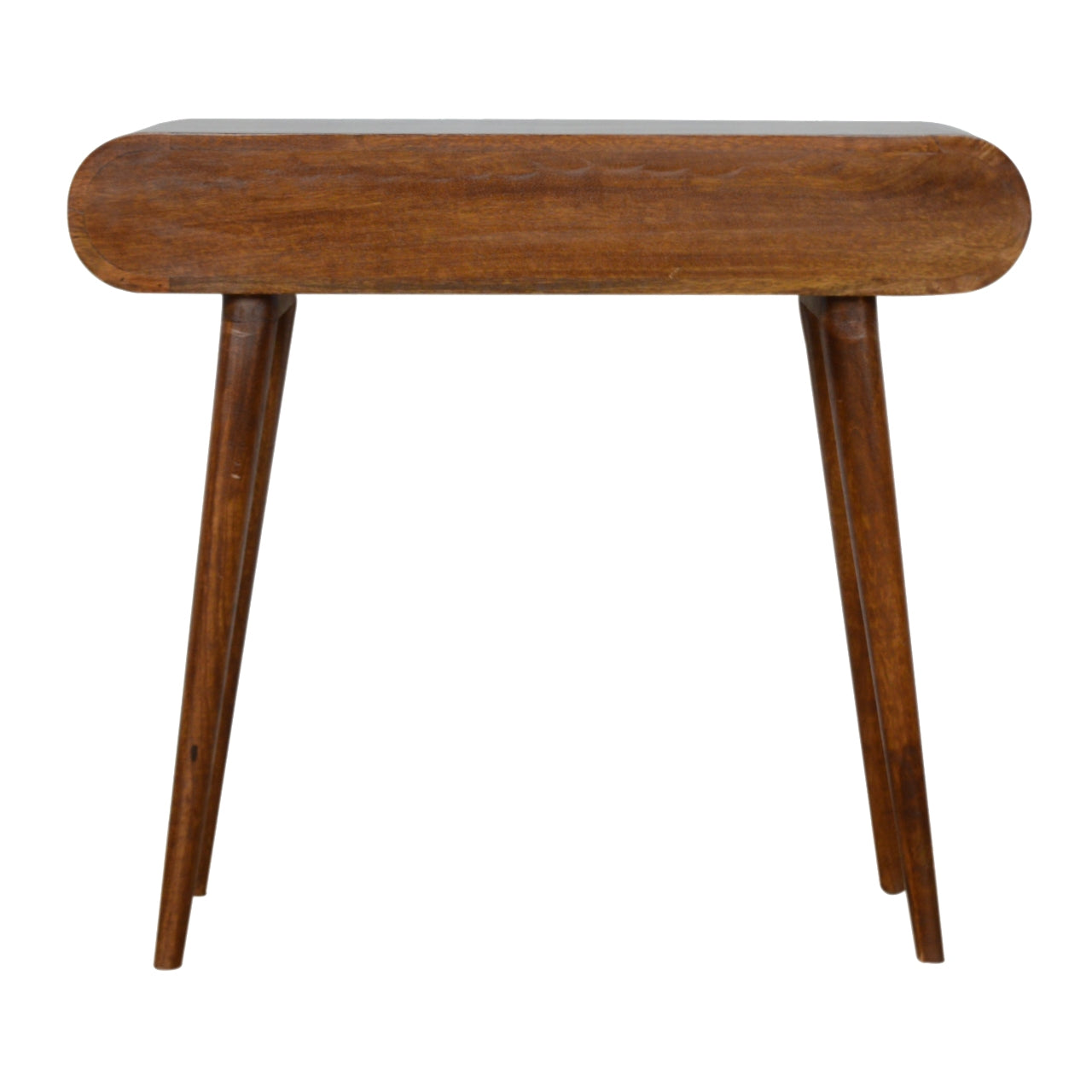 Solid wood console table with tapered legs and rounded edges