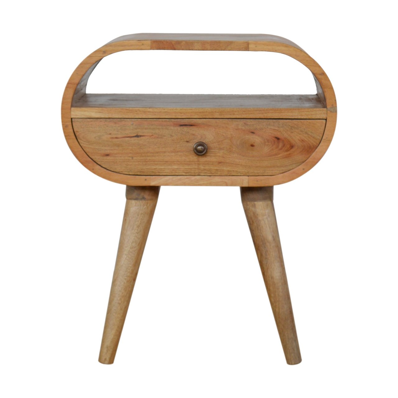Midcentury modern wood bedside table with curved frame and one drawer