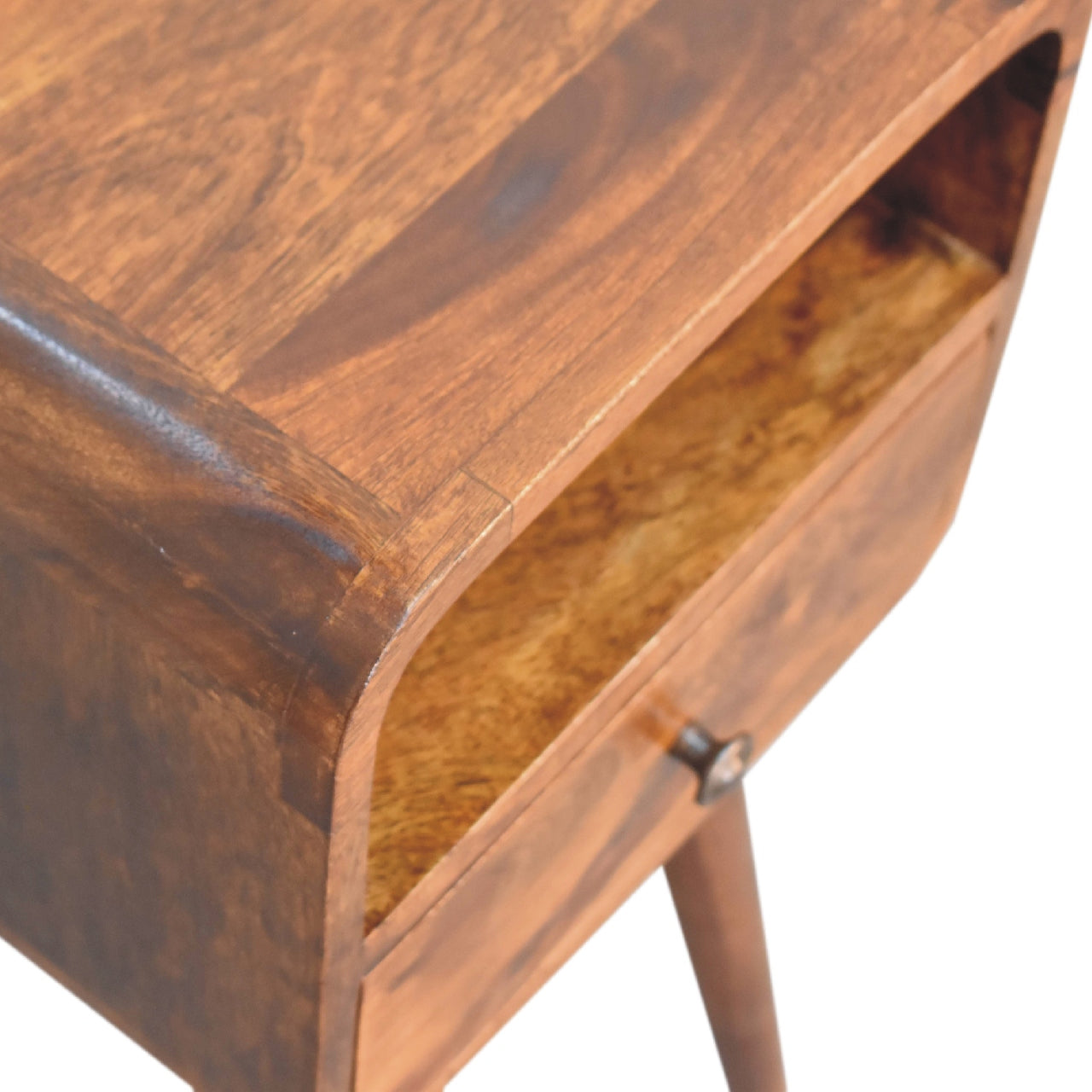 Solid wood bedside table with curved edges and one drawer natural finish