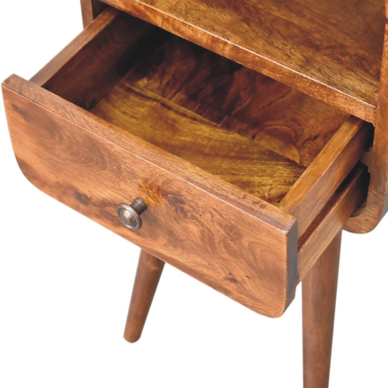 Wooden bedside table with open drawer and metal knob