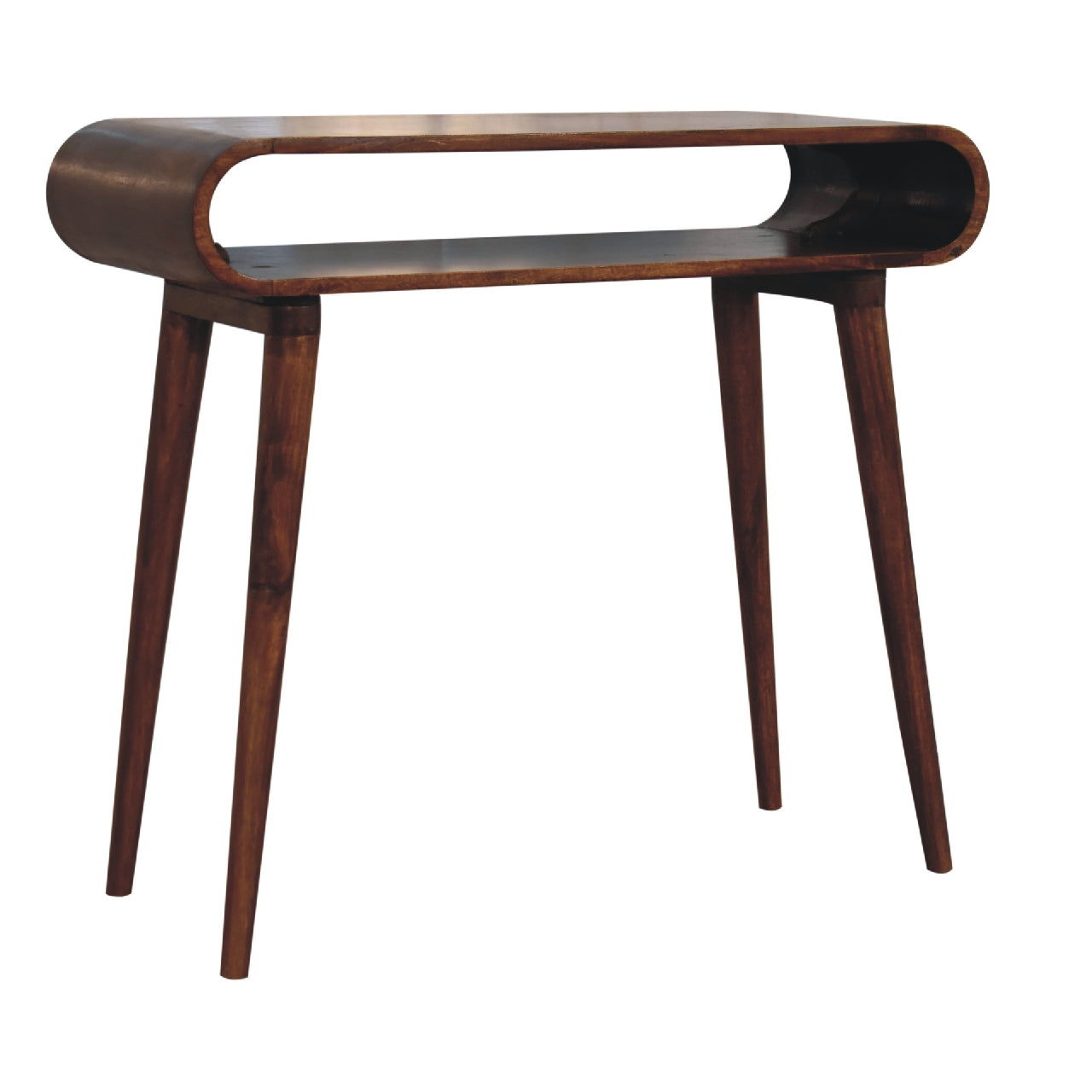 Dark walnut console table with two open shelves and tapered legs