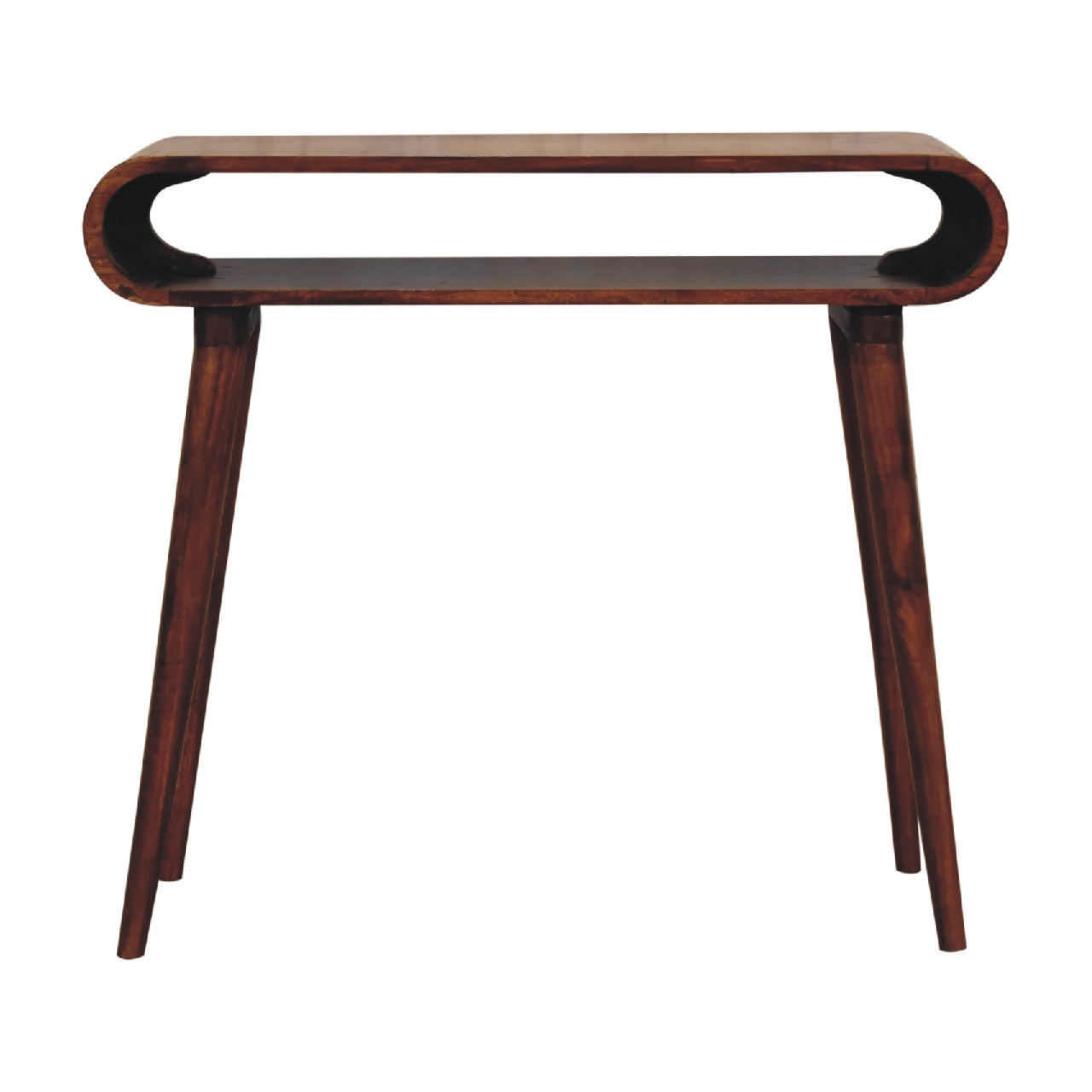 Modern walnut entryway console table with curved open shelf design