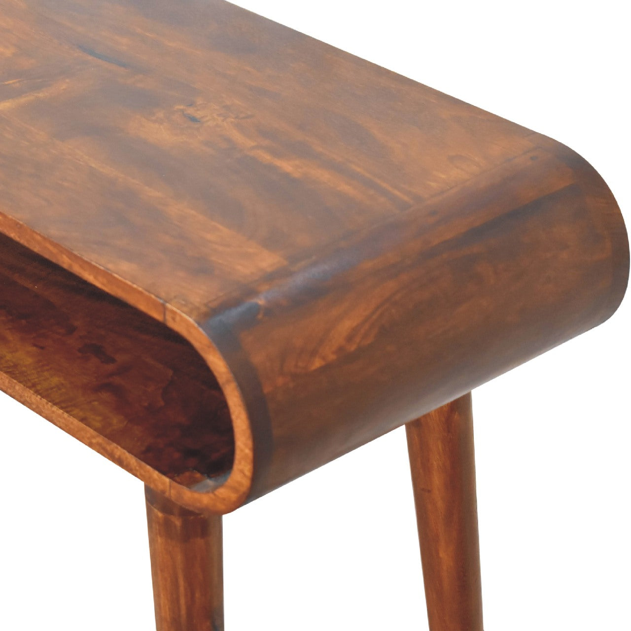 Solid wood console table with curved edges and a single shelf for storage