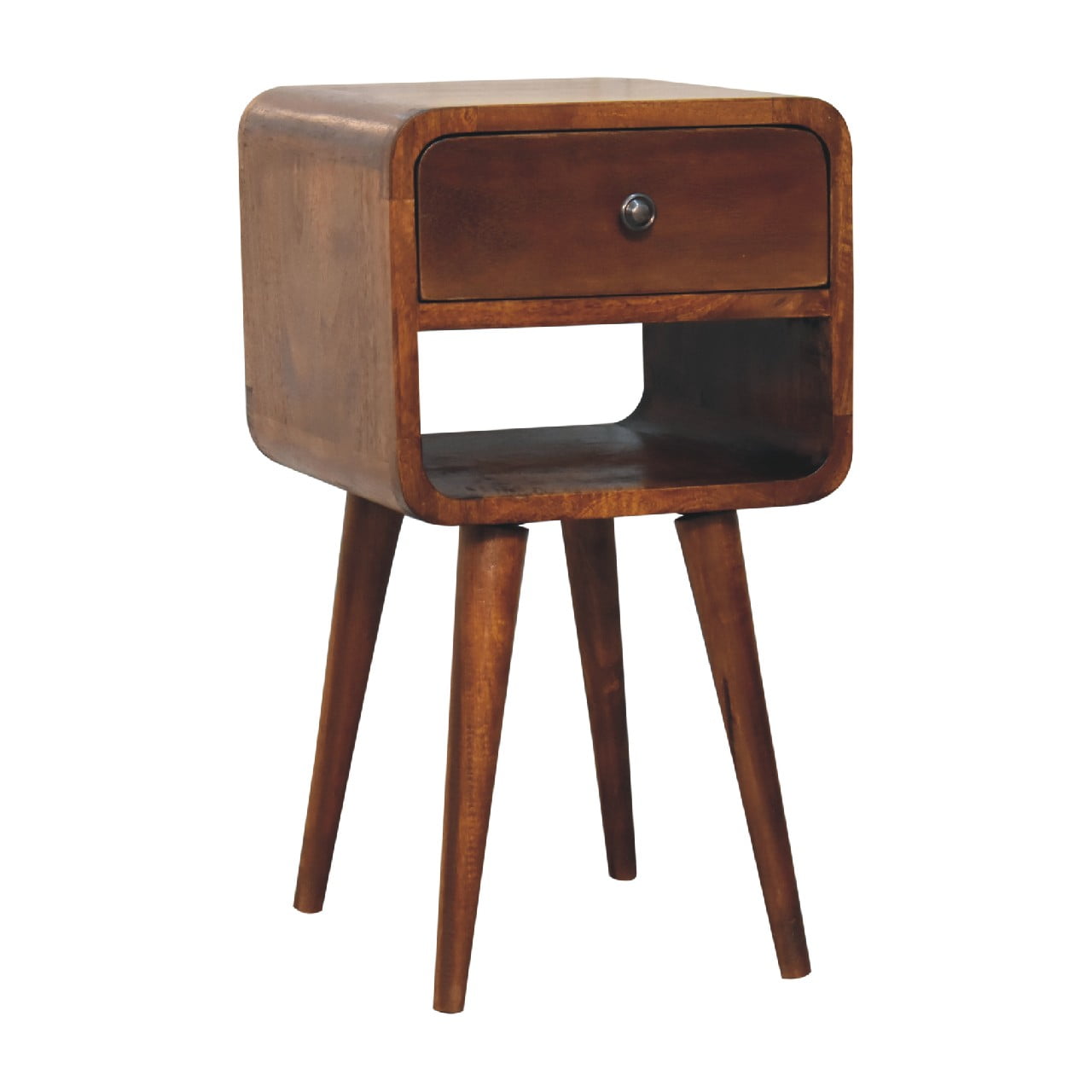Solid wood nightstand with rounded edges and a single drawer perfect for bedroom storage
