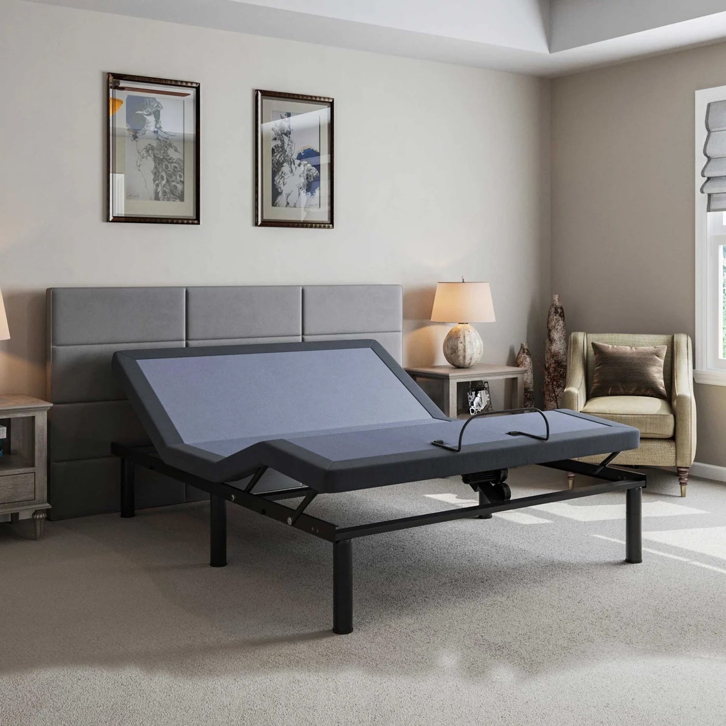 TREATLIFE HOME Queen Adjustable Bed with Wireless Remote Control and Bluetooth Capability, Upholstered in Blue-Gray