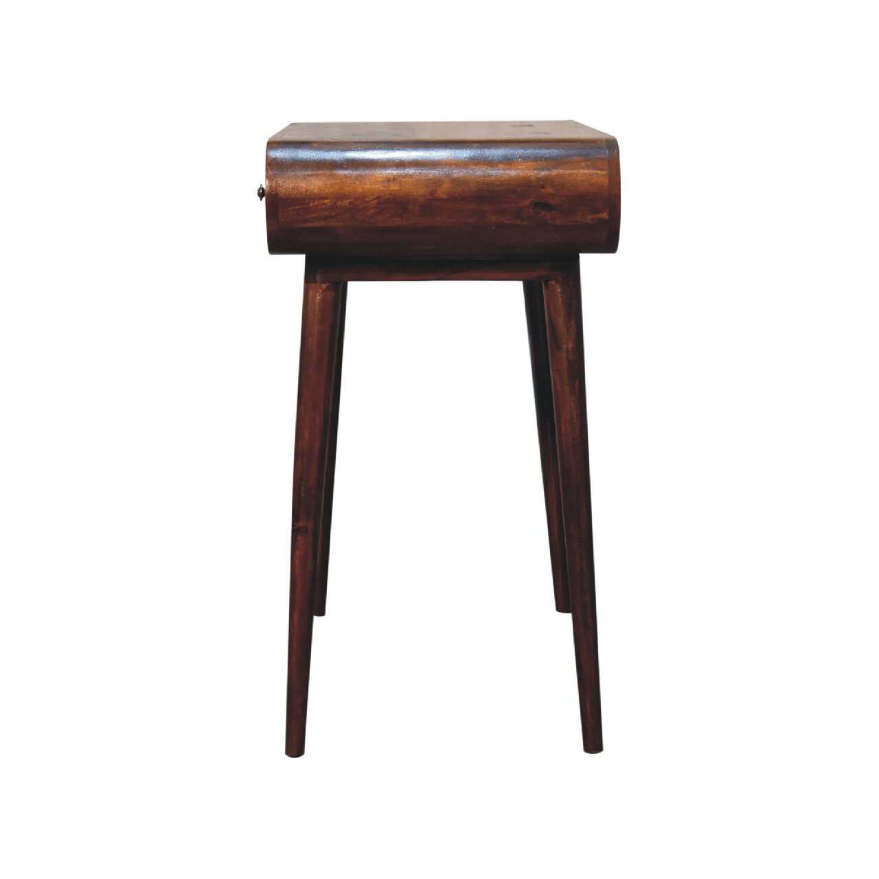 Dark wood console table with tapered legs and a small drawer pull