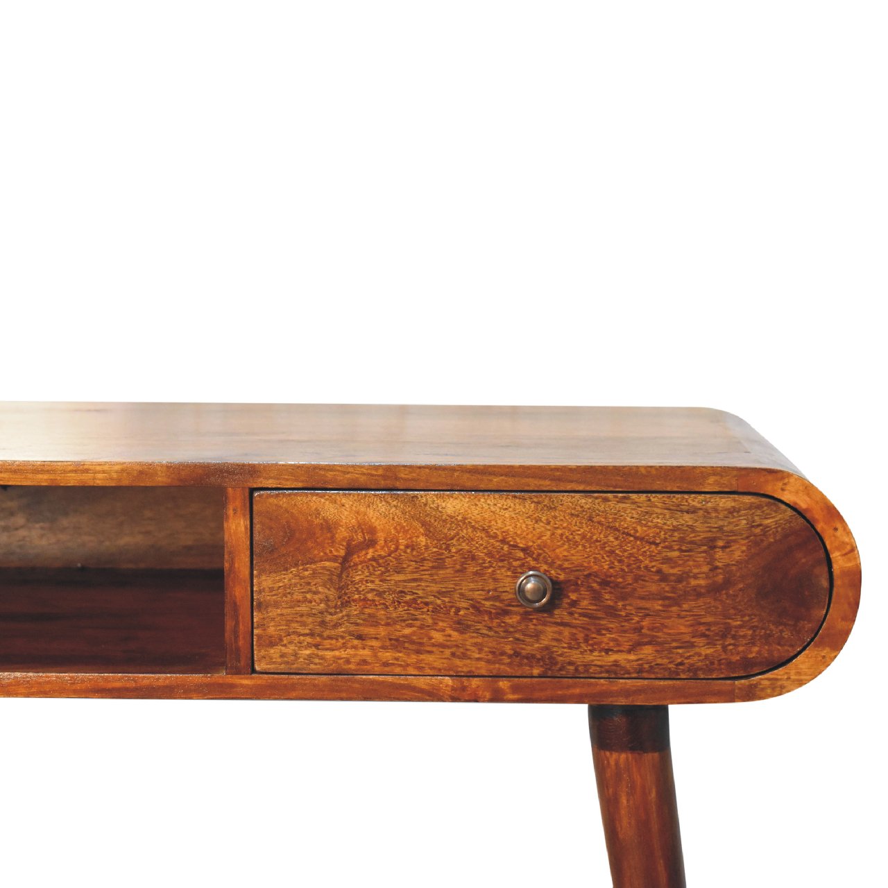 Curved solid wood writing desk with a single drawer and open shelf
