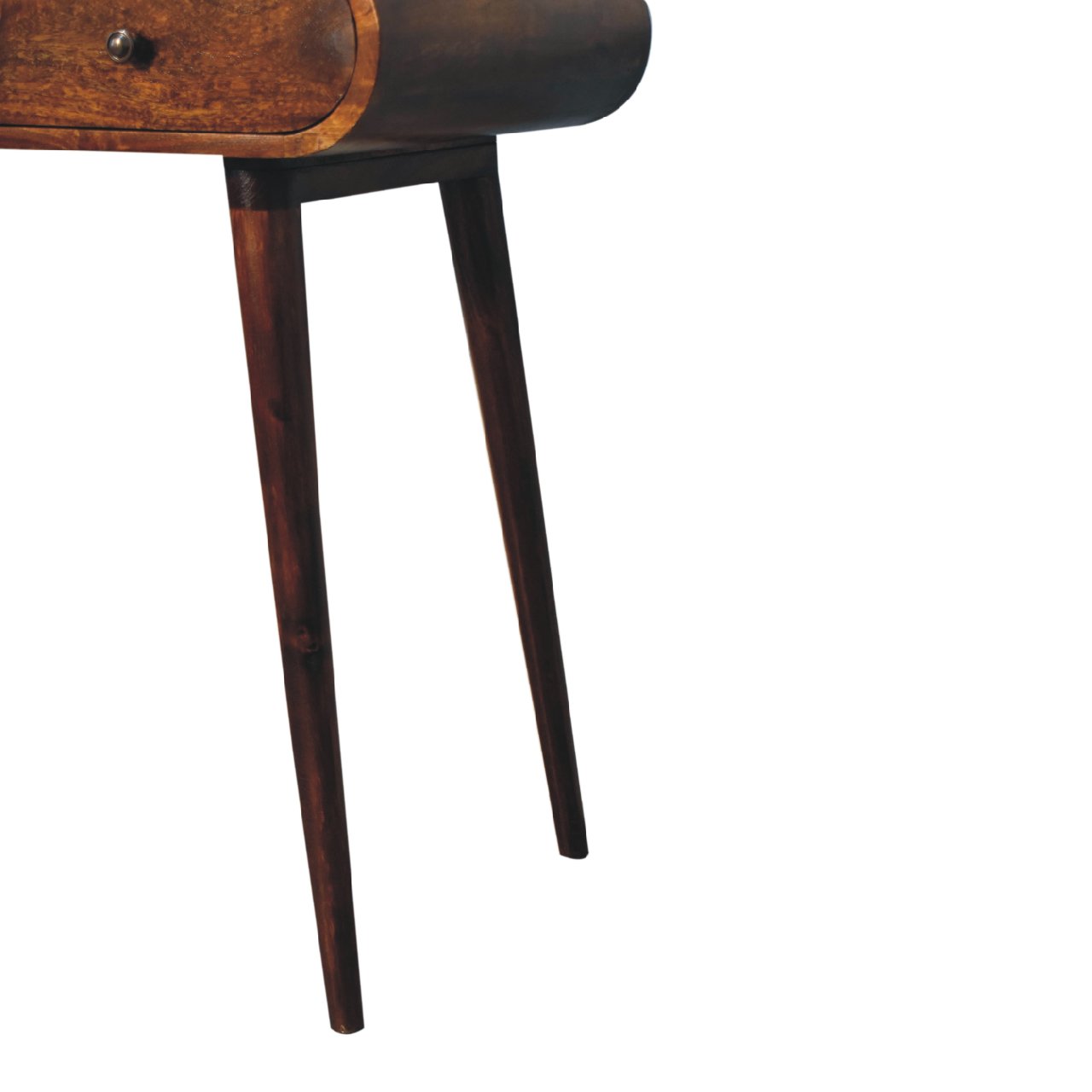 Curved wooden entryway table with tapered legs and brass knob