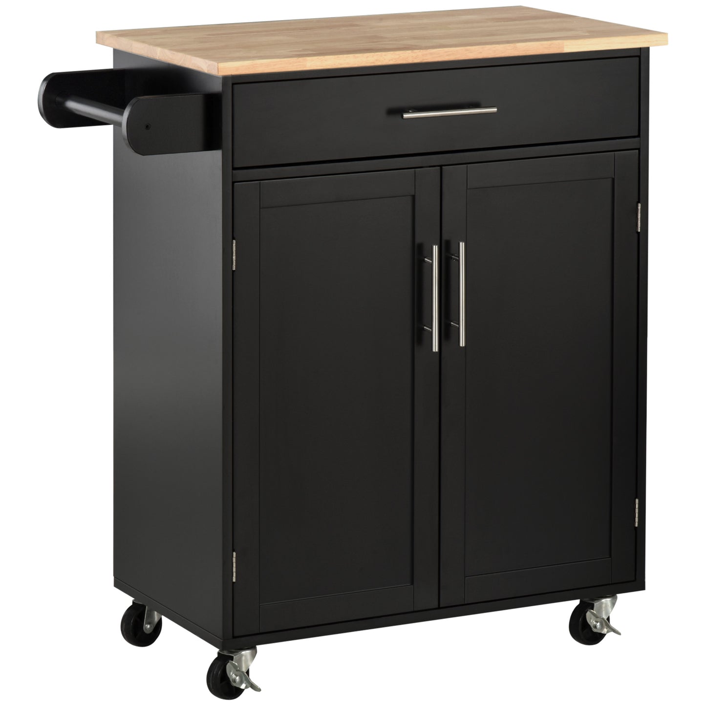 Black kitchen island cart with butcher block top and towel rack