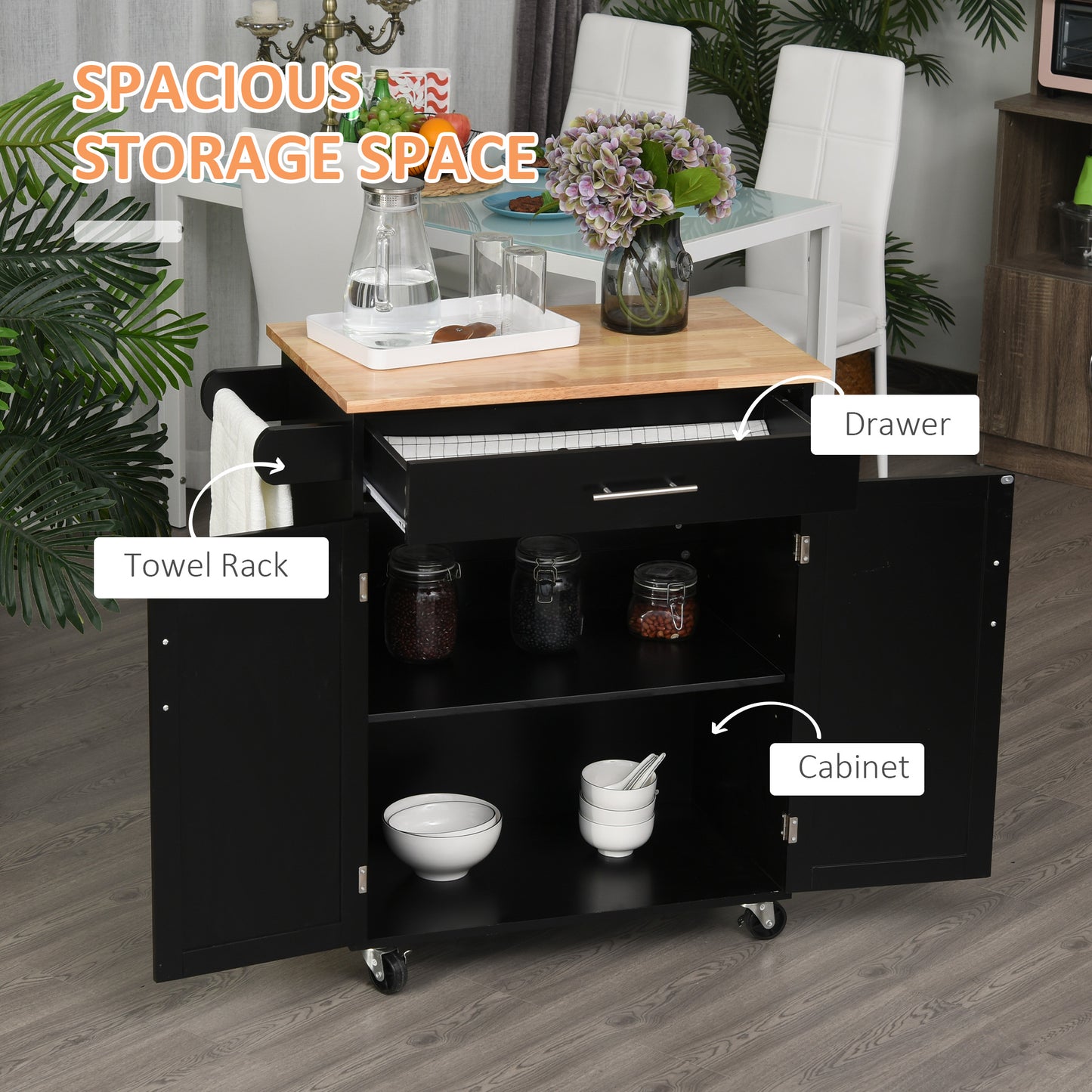 Black kitchen cart with butcher block top drawer and cabinet storage