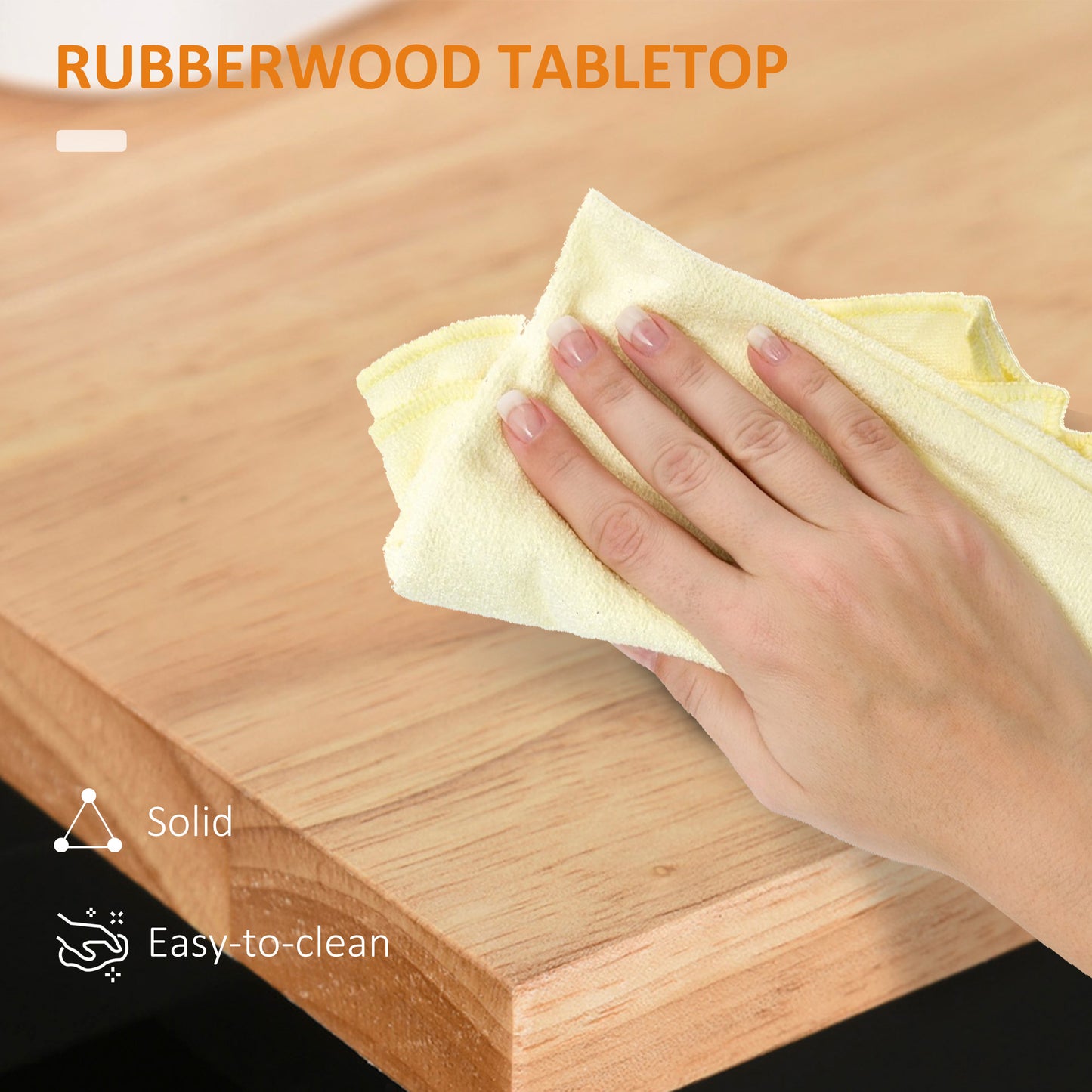Natural rubberwood tabletop surface being wiped with a yellow cloth
