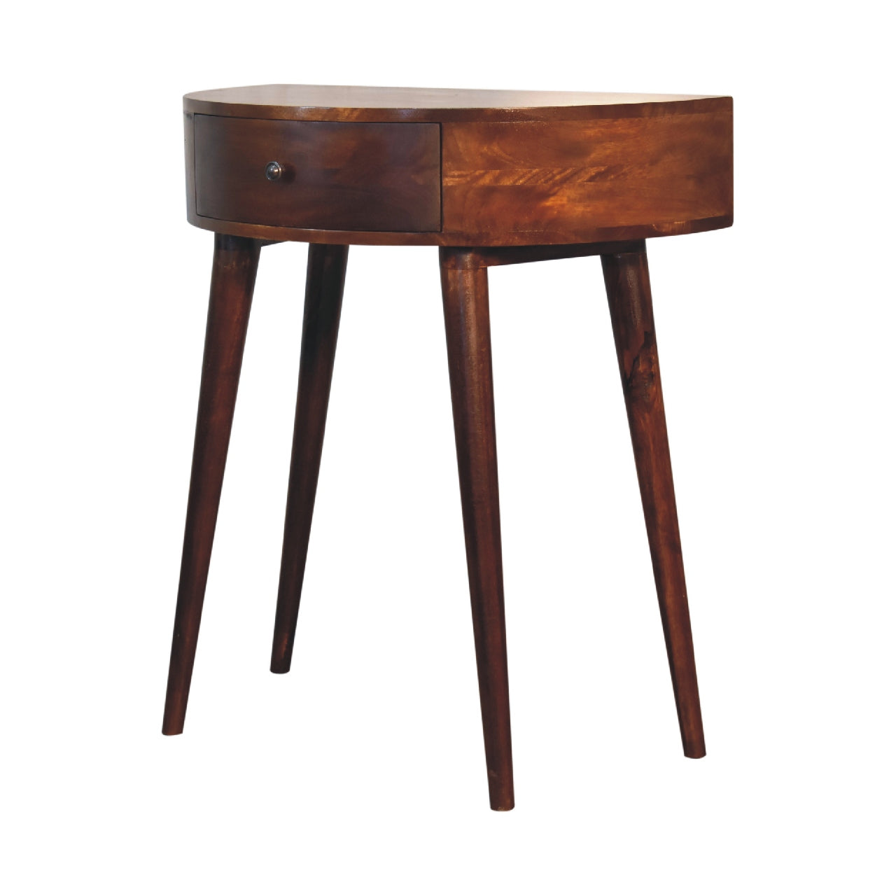 Curved dark wood entryway table with one drawer and tapered legs