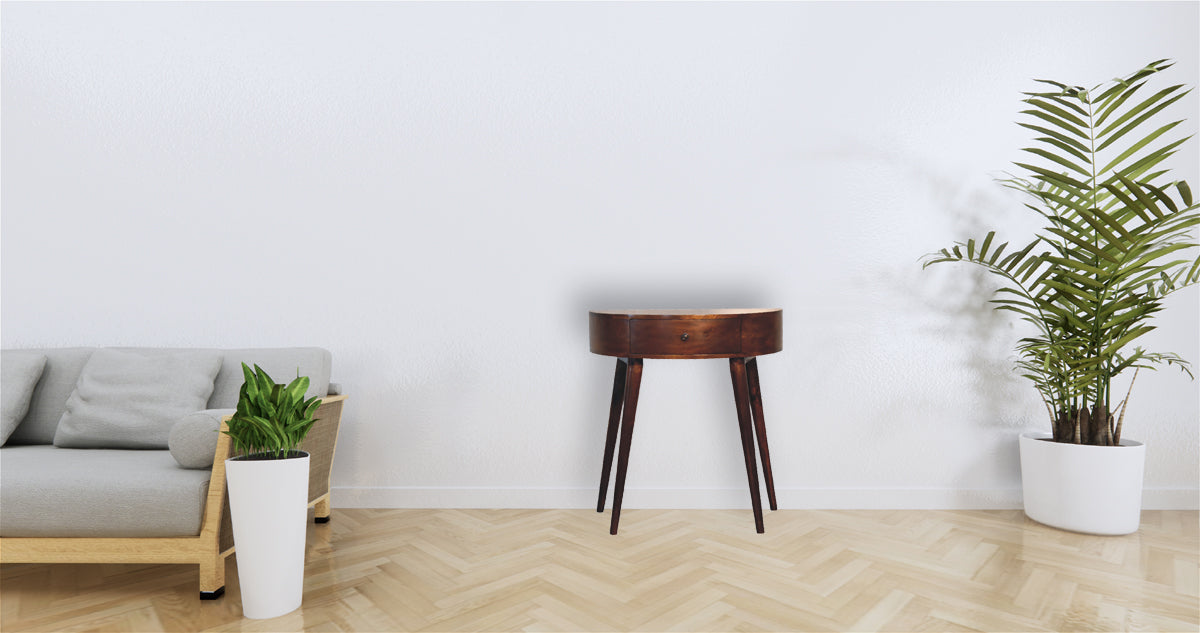 Dark wood oval accent table with one drawer and slender legs ideal for modern decor