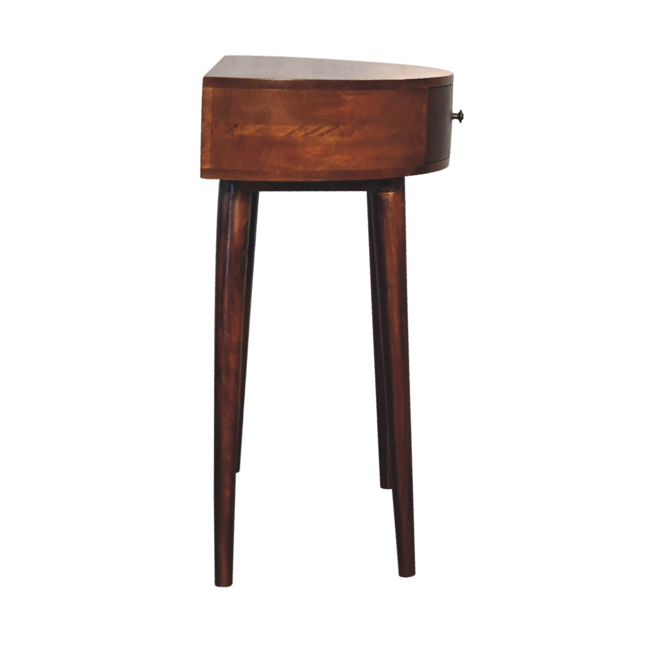 Corner console table with single drawer in dark wood finish and tapered legs