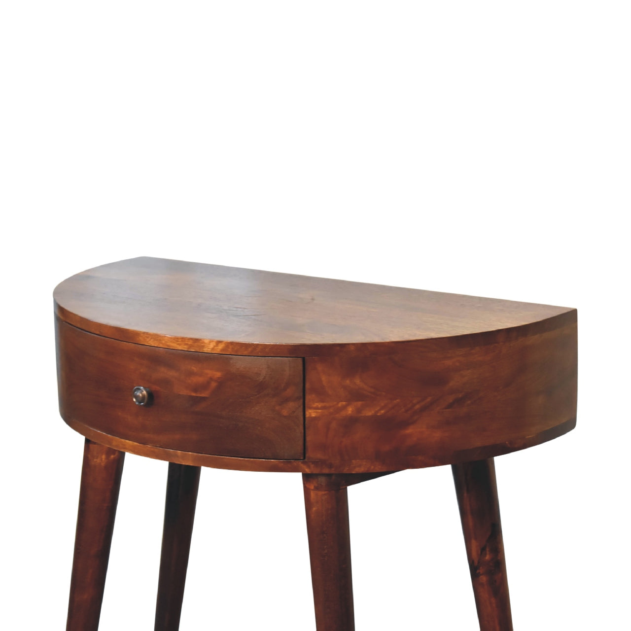Curved wooden console table with single drawer and tapered legs