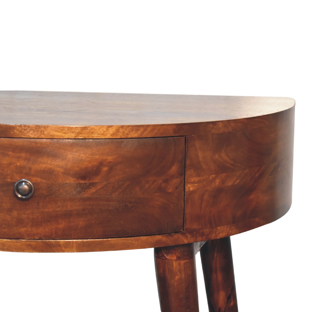 Curved wooden entryway table with a single drawer