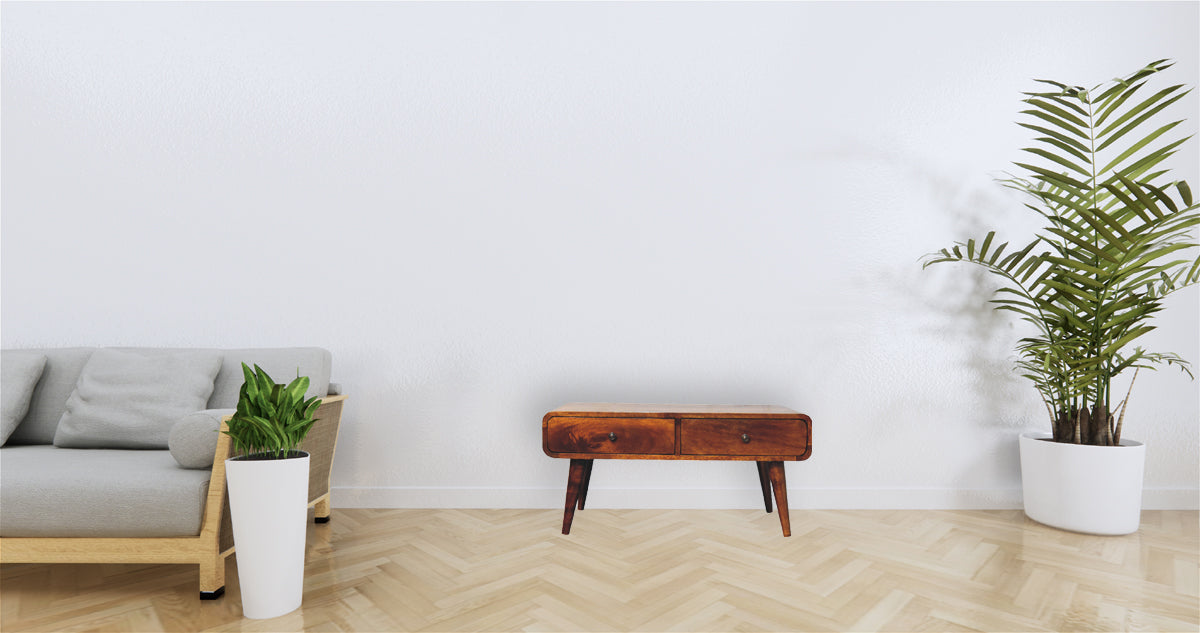 Midcentury modern wooden credenza with two drawers and tapered legs