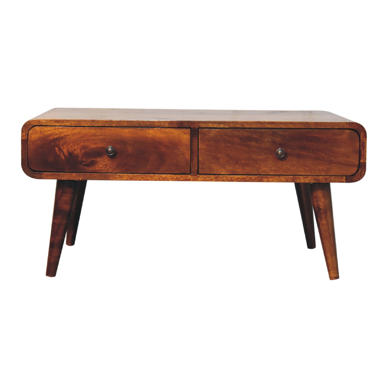 Retro style solid wood coffee table with two drawers and tapered legs