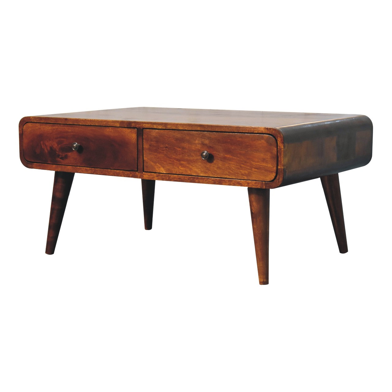 Midcentury modern walnut coffee table with two drawers and tapered legs