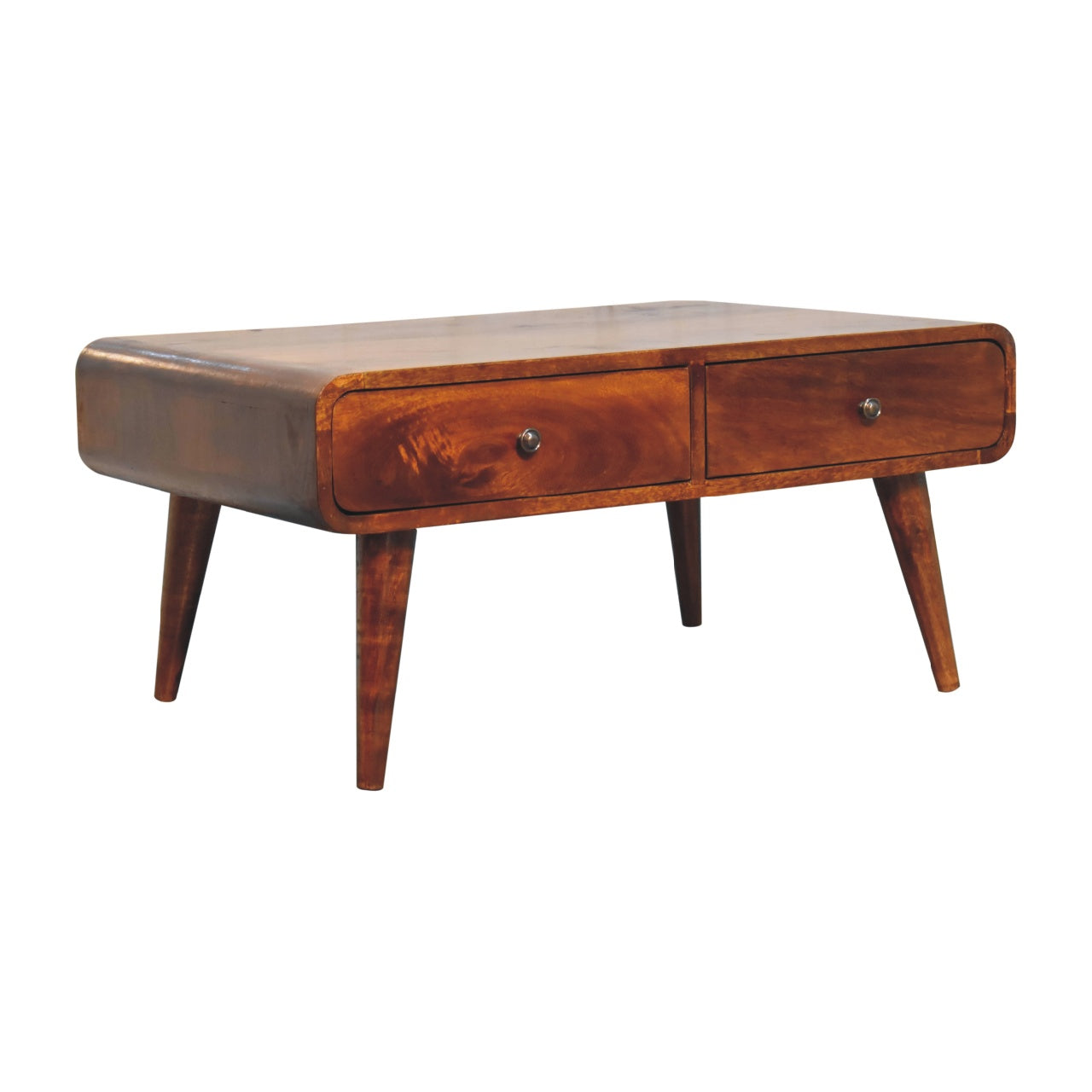Solid wood coffee table with two drawers and tapered legs
