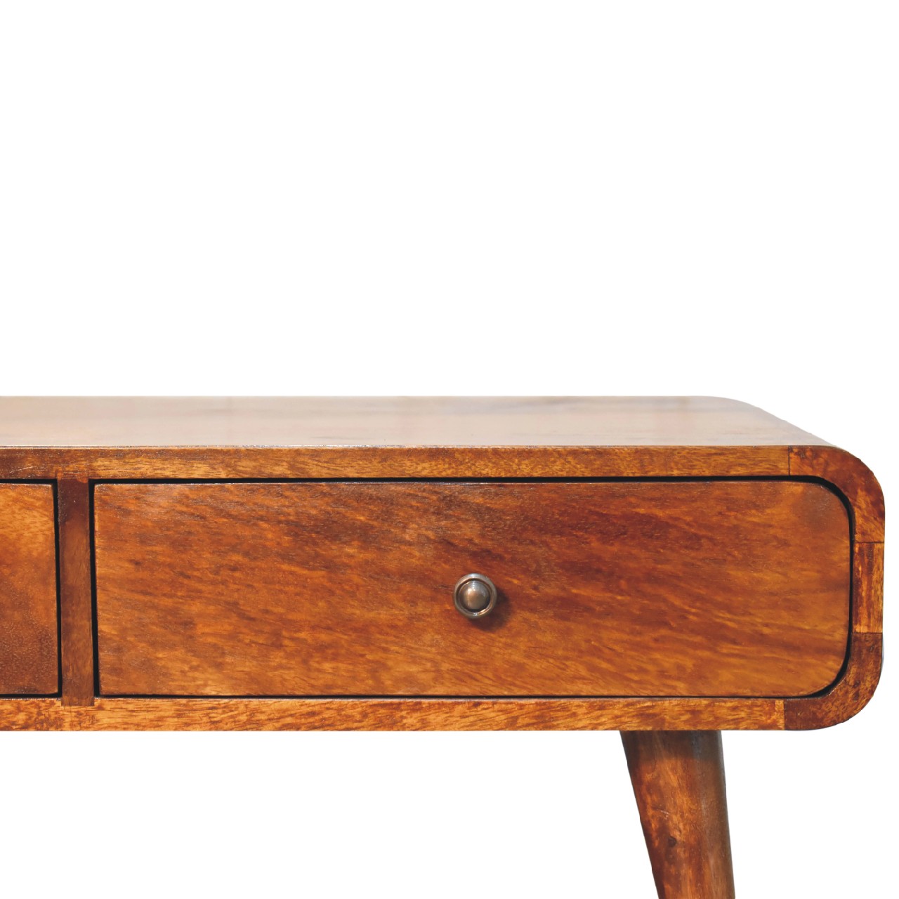 Curvedfront wooden console table with single drawer and knob natural wood finish