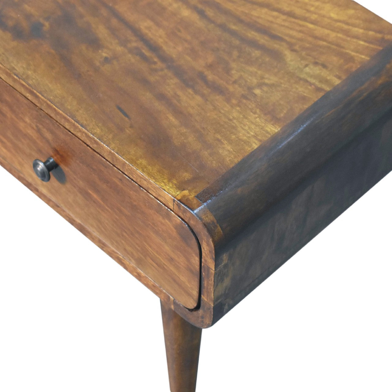 Walnut wood side table with single drawer and tapered legs