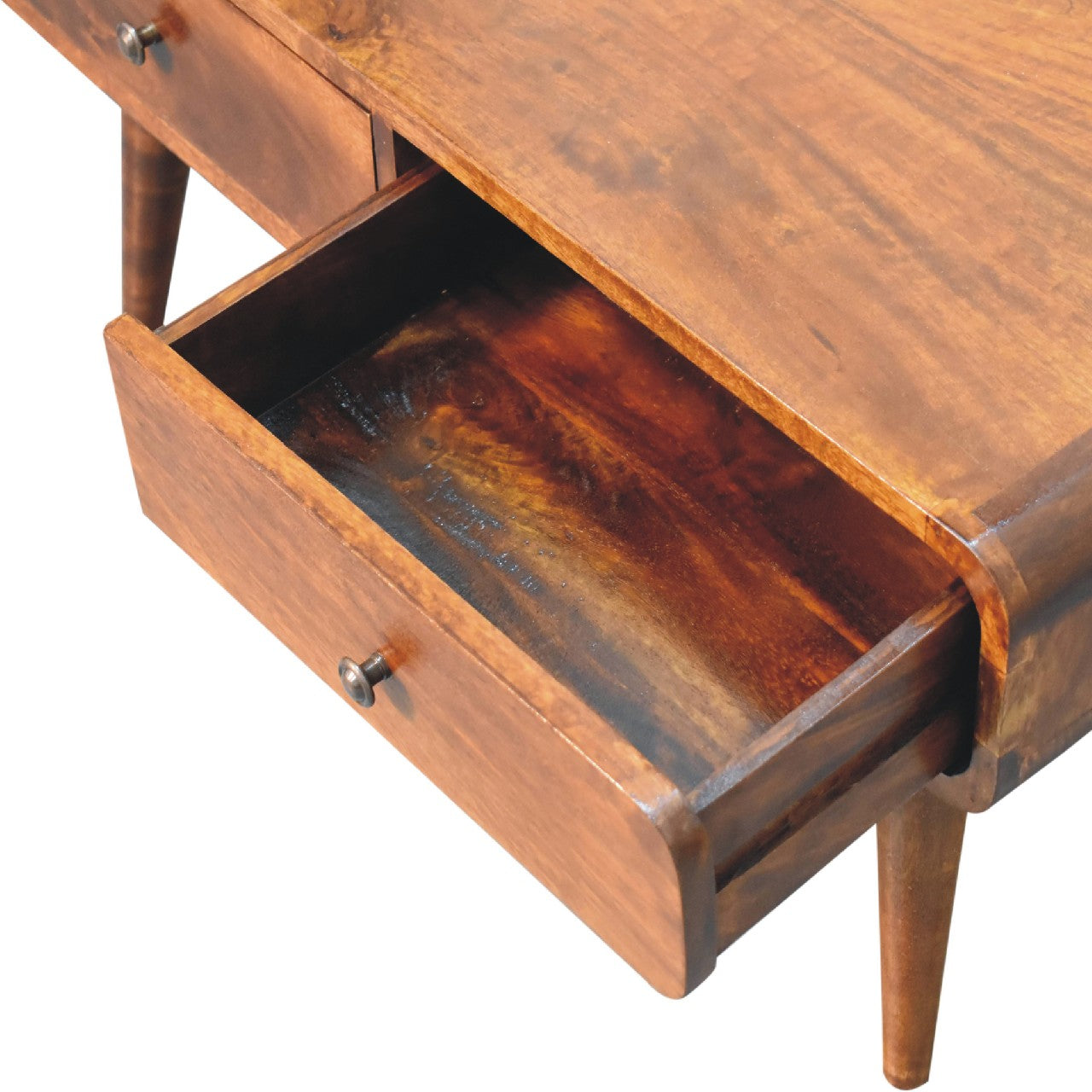 Rich walnut wood writing desk with an open drawer and subtle brushed metal knob
