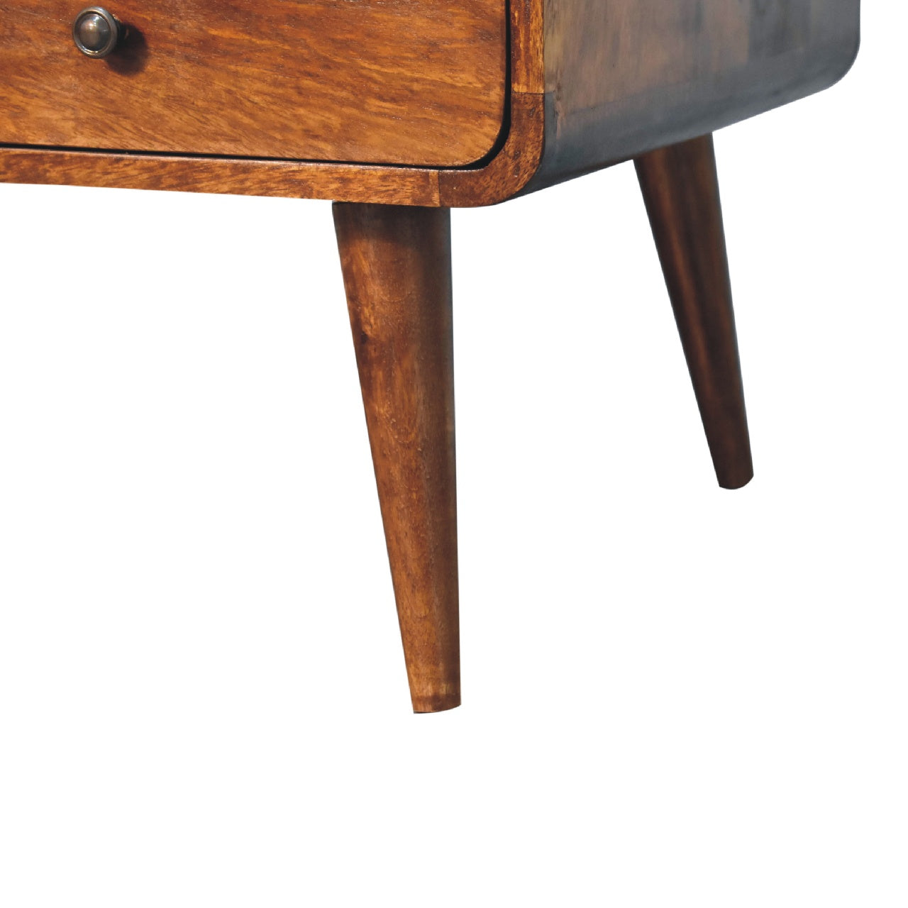 Close up of tapered wooden legs on a midcentury modern side table