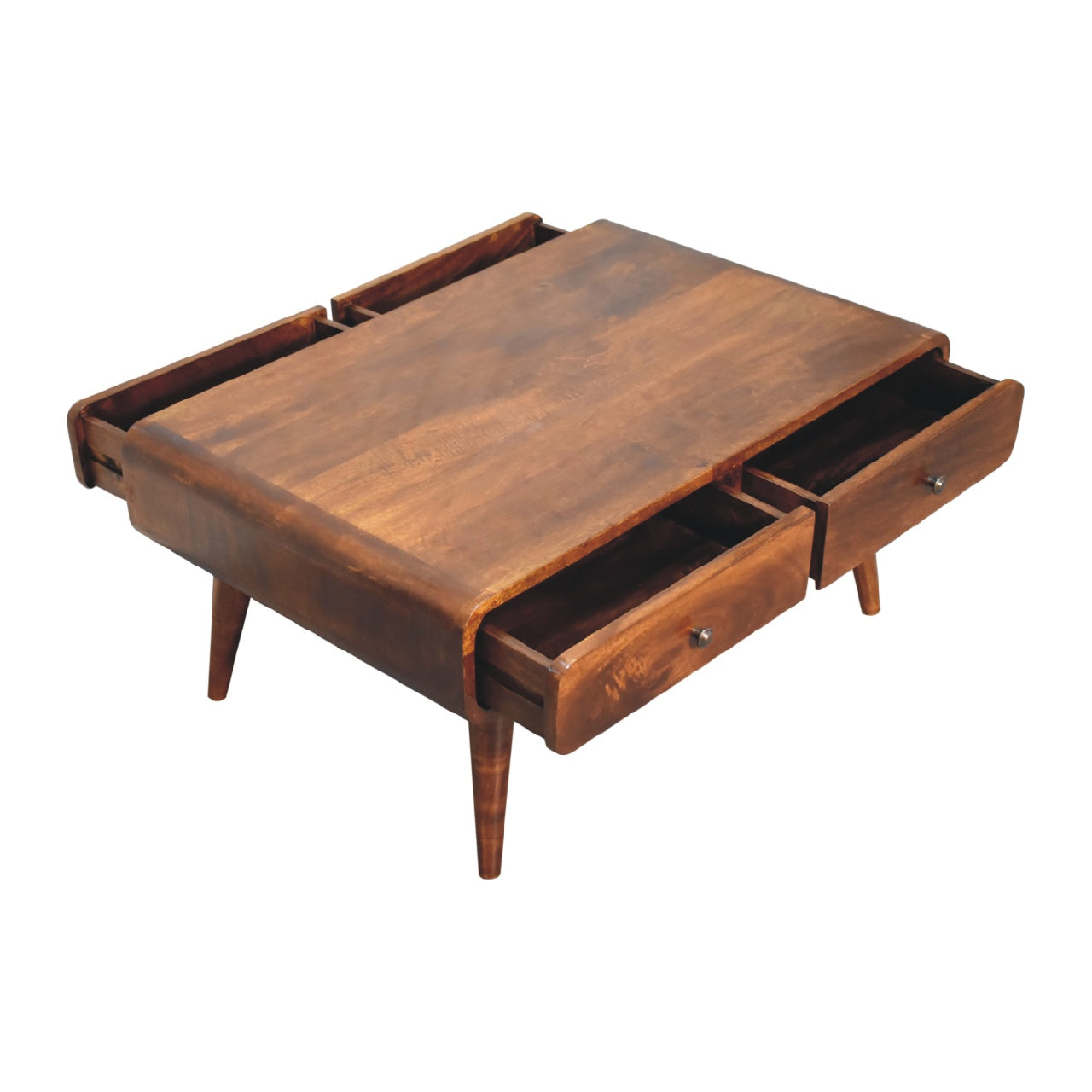 Midcentury modern coffee table with warm walnut finish and open storage drawers