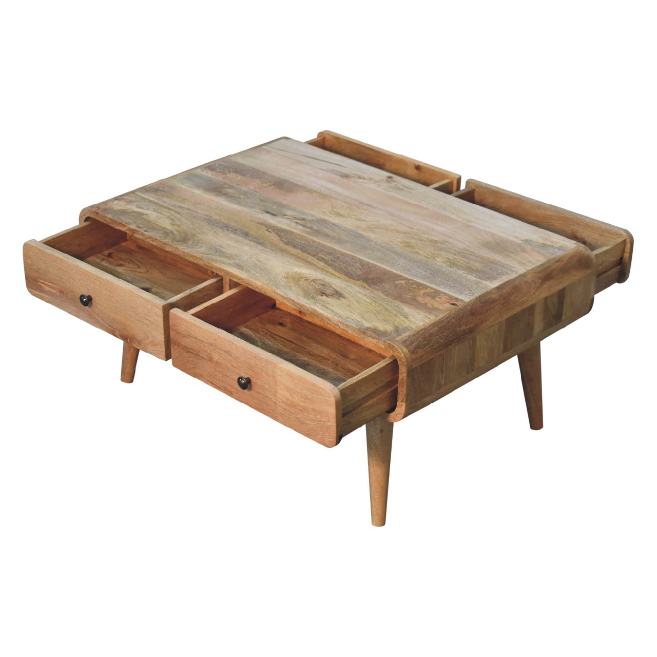 Rustic wood coffee table with two open drawers midcentury modern design