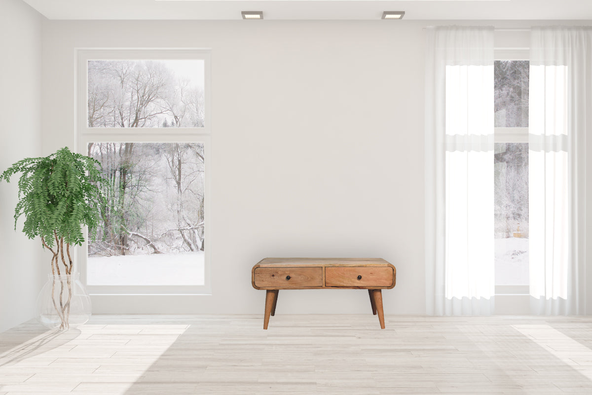 Wooden midcentury modern side table with two drawers and tapered legs