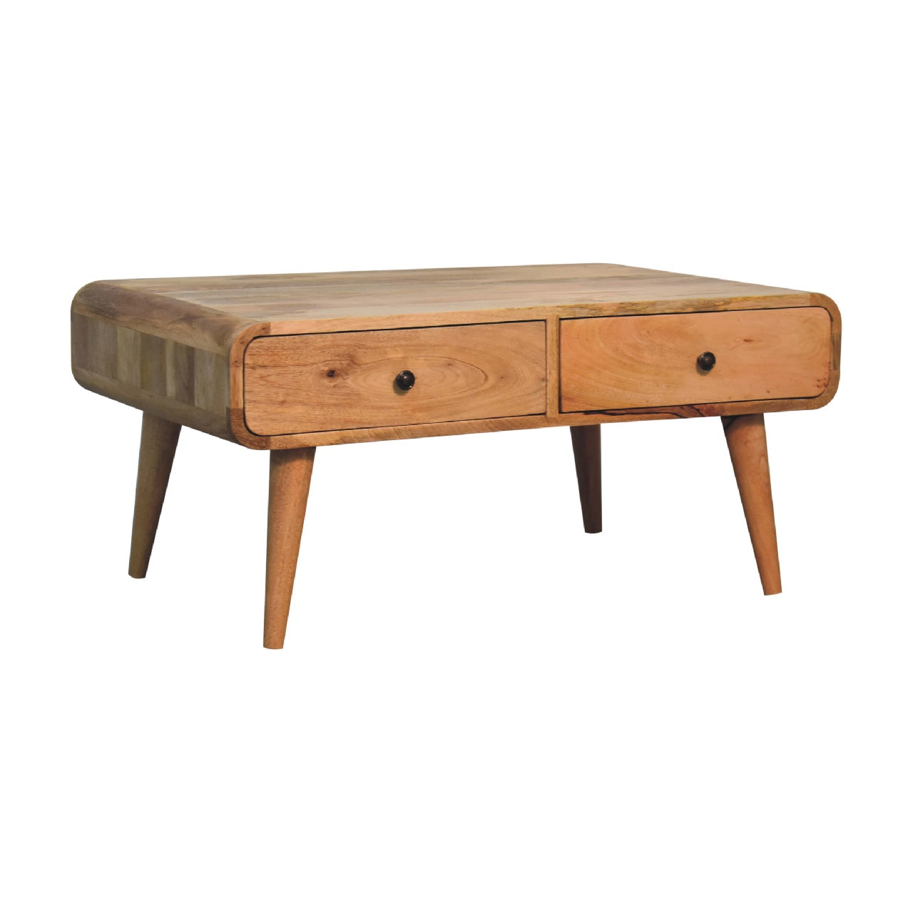 Solid wood coffee table with rounded edges and two drawers perfect for living rooms