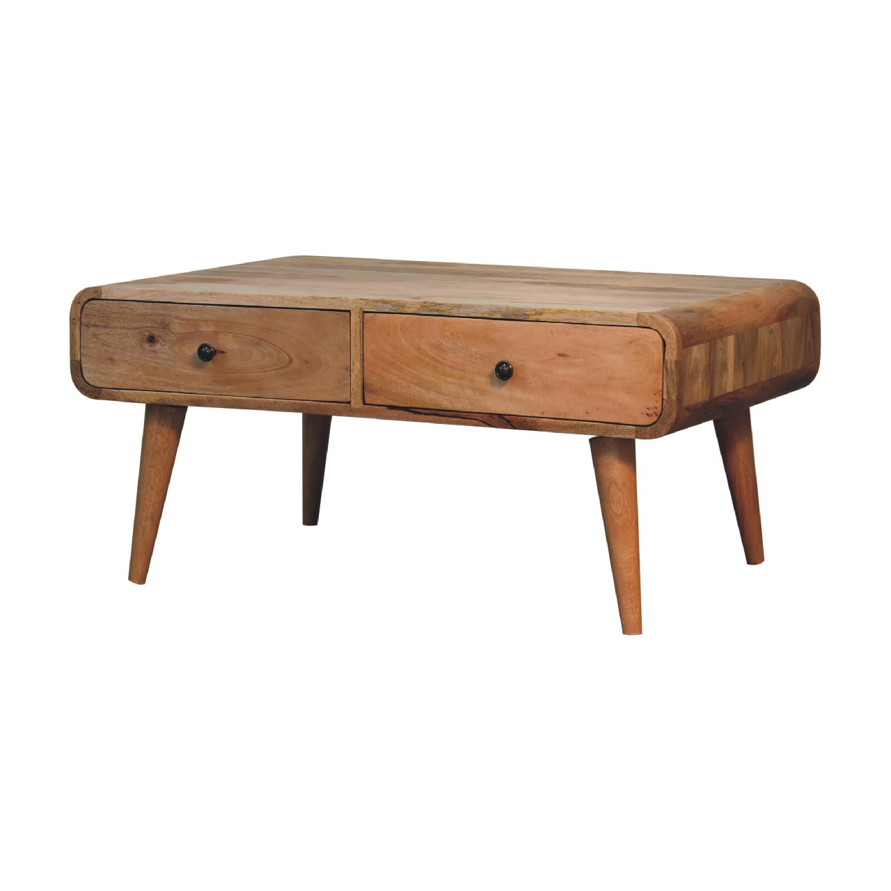 Midcentury modern coffee table with two drawers natural wood finish