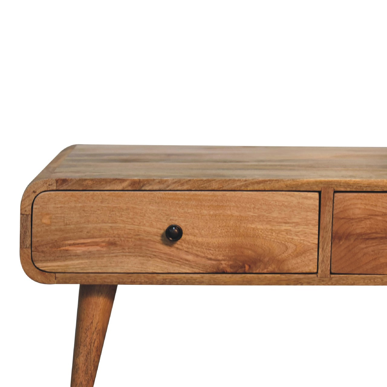 Natural wood writing desk with rounded edges and one drawer