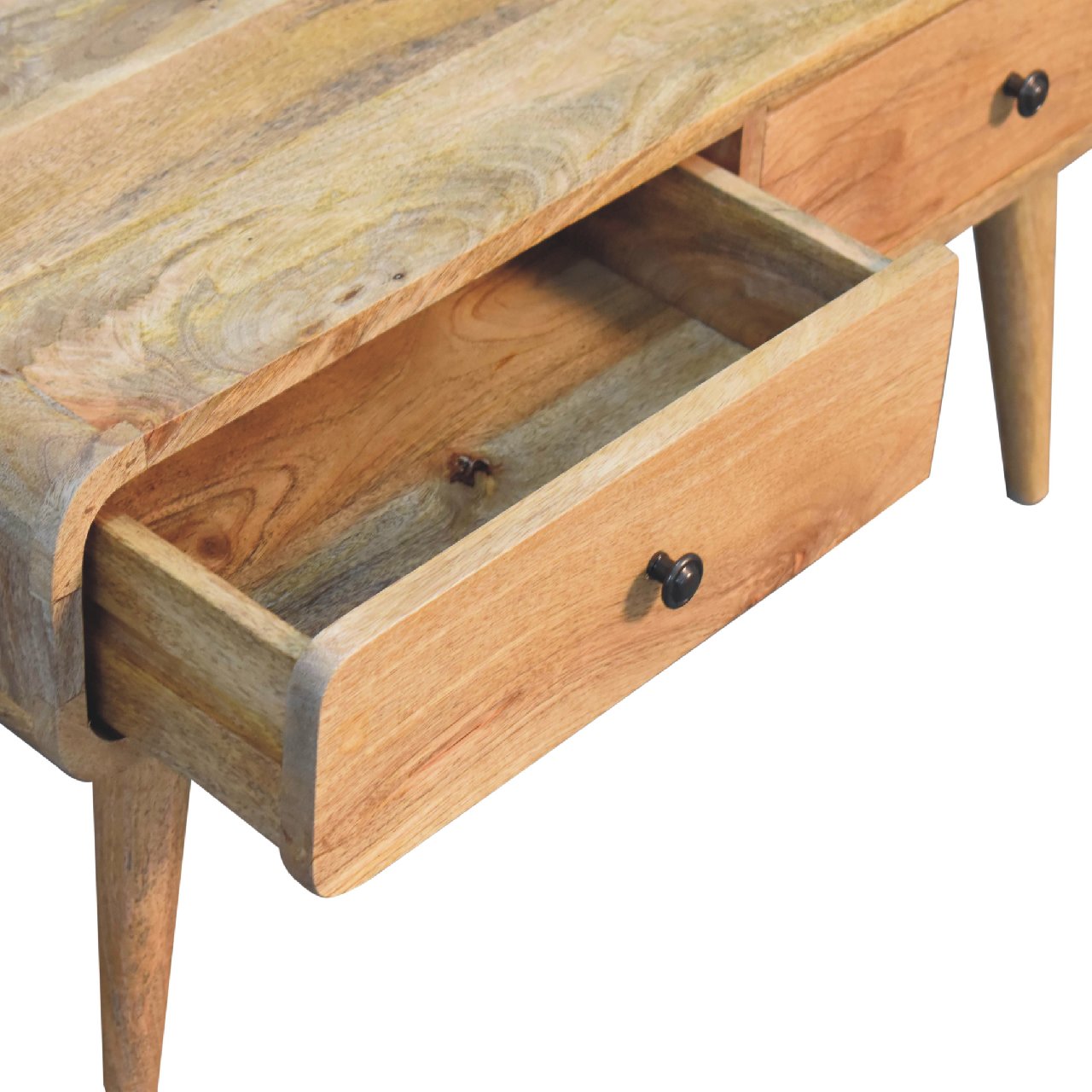 Natural wood desk with open drawer and tapered legs