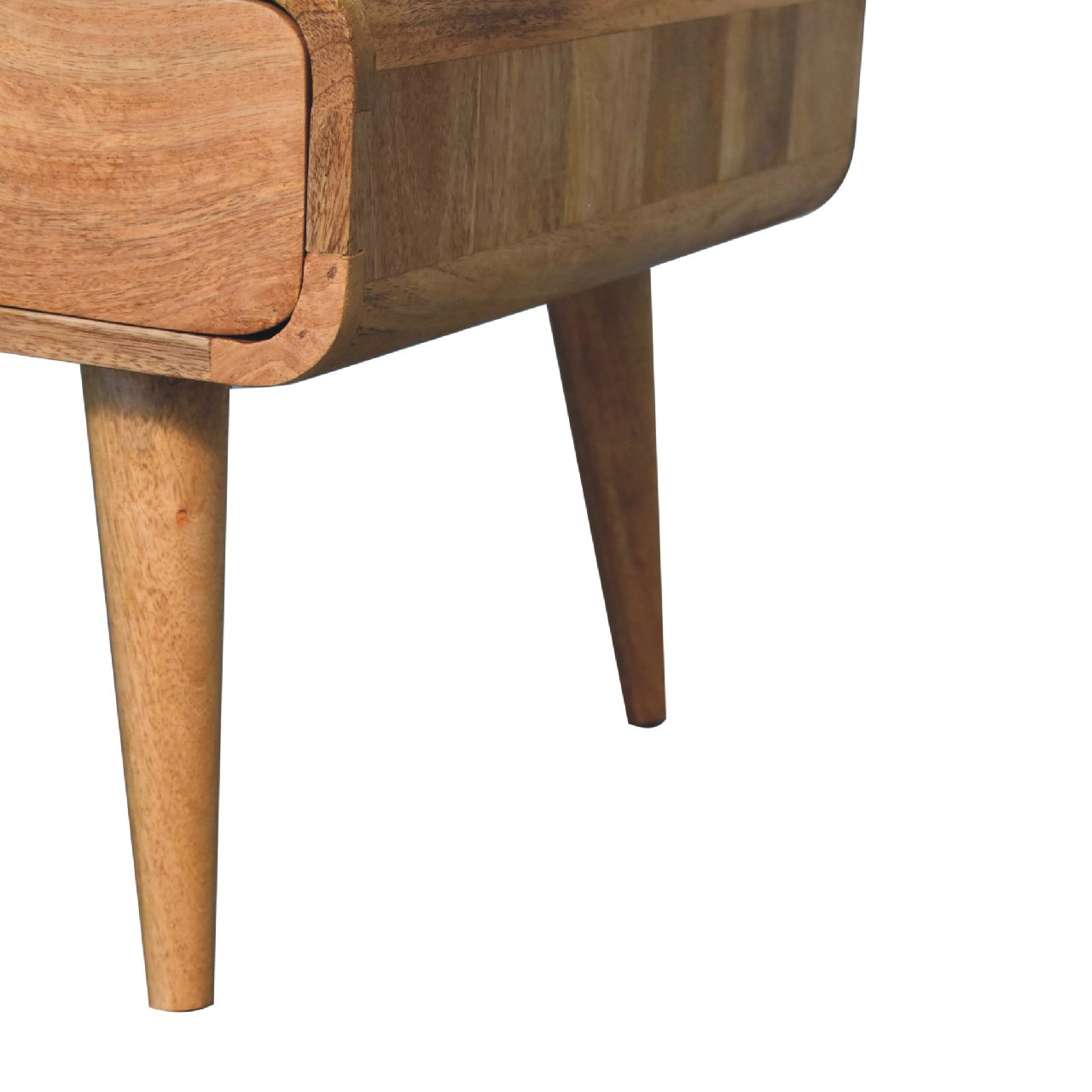 Wooden side table with rounded drawer edge and tapered legs