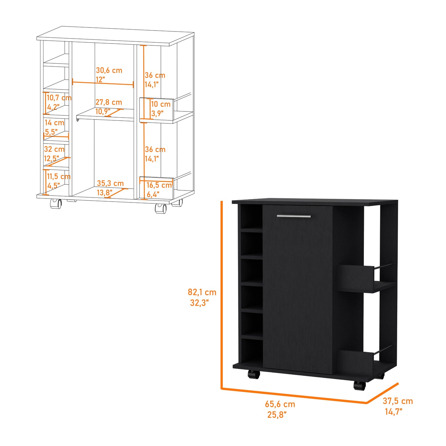 Black kitchen cart with wine rack and storage shelves
