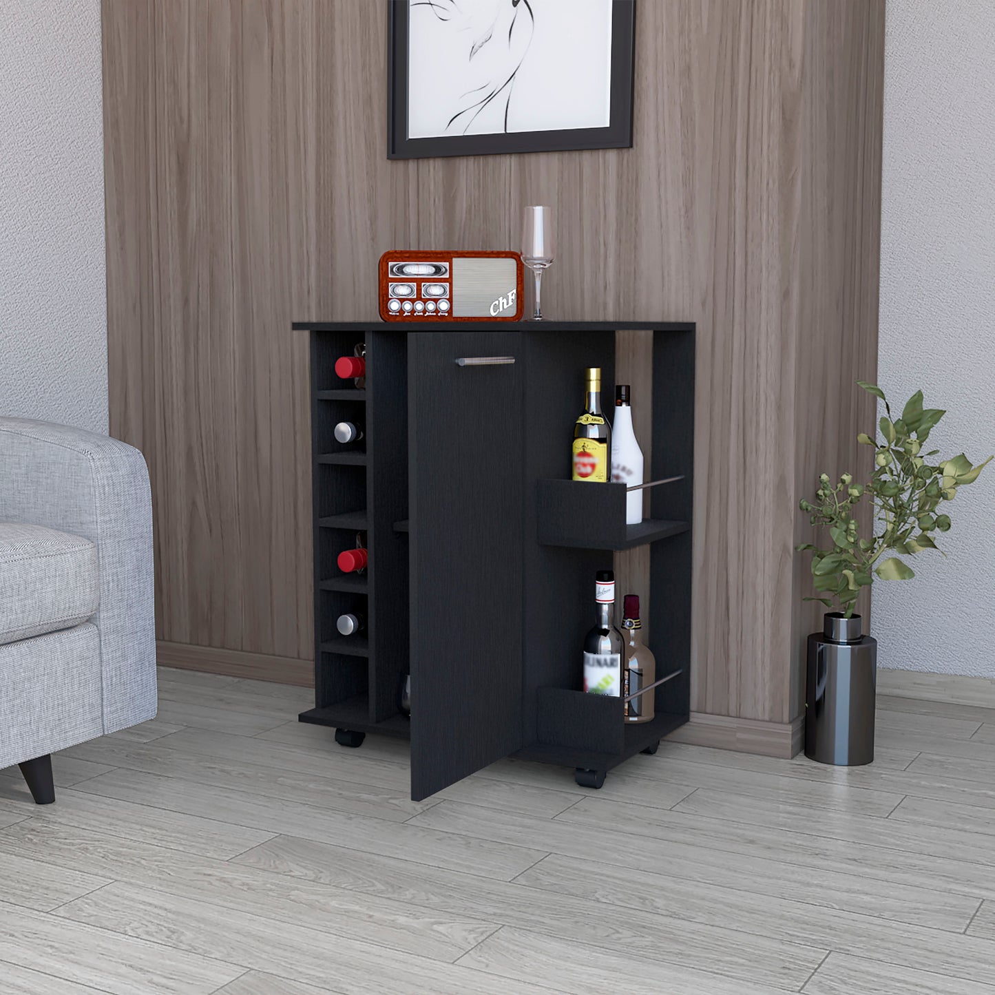 Black mobile bar cart with wine rack and bottle storage