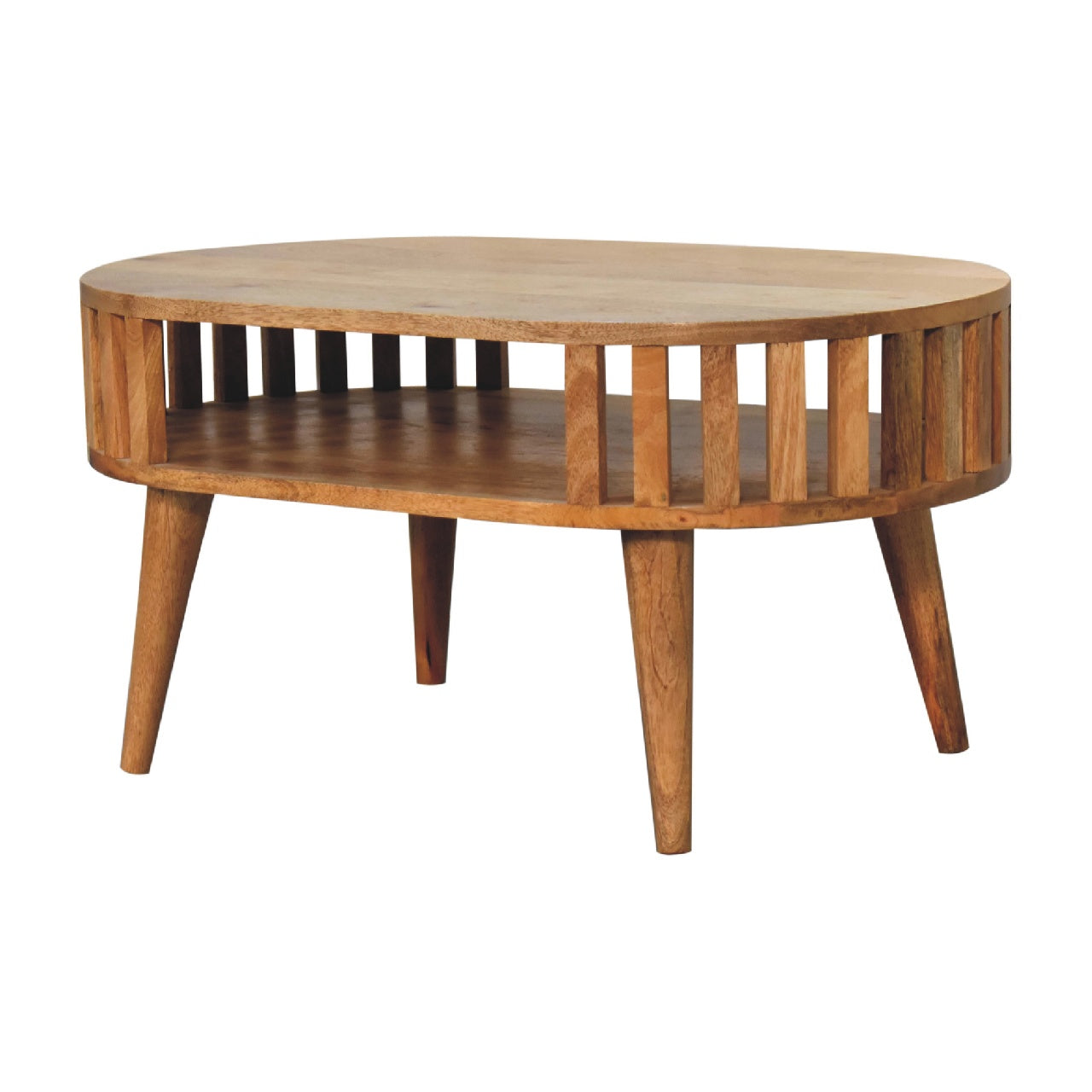 Oval wood coffee table with slatted sides and tapered legs