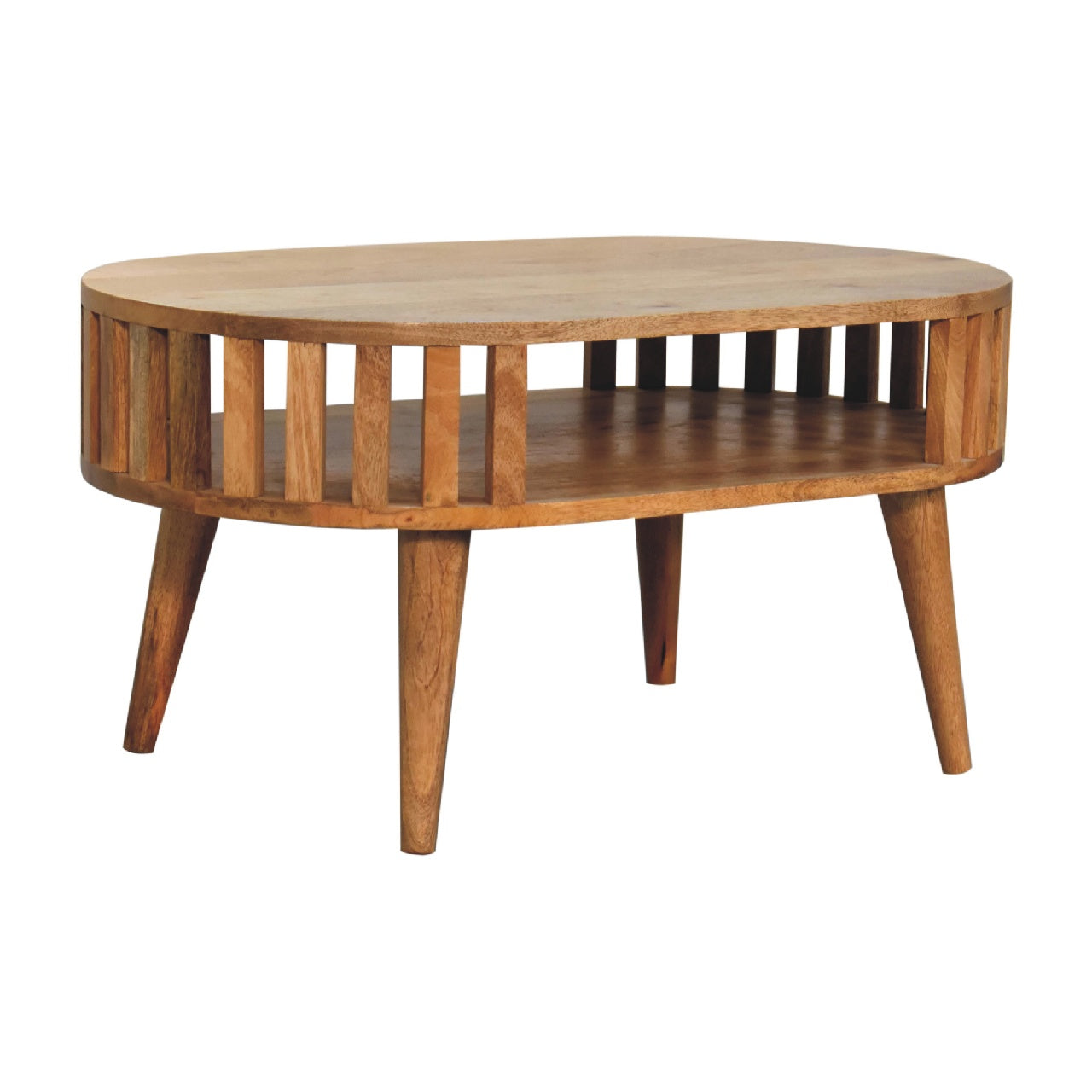 Oval wood coffee table with slatted sides and two tiers perfect for living rooms